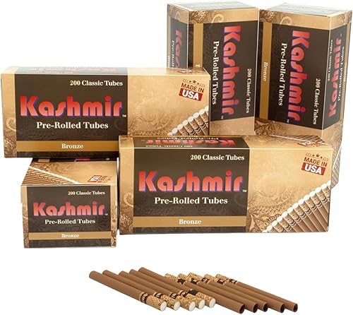 Kashmir Tubos de cigarrillos de bronce tamaño King con filtros, 1000 tubos de cigarrillos vacíos para enrollar, sabor suave, 5 cajas de 200 tubos de
