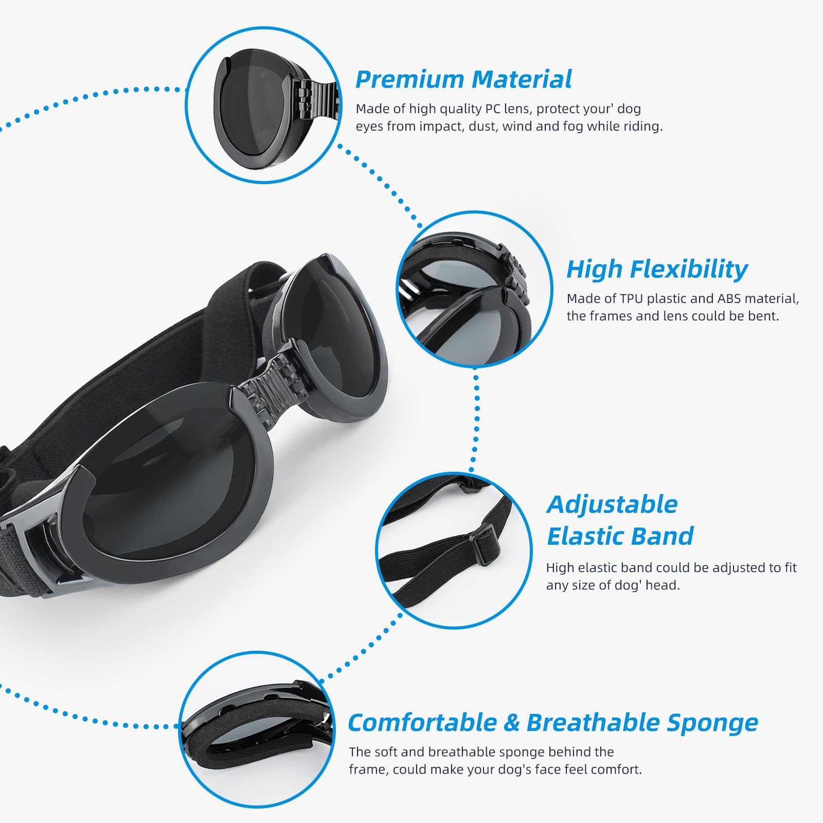 Lesypet Lunettes de soleil pour chien avec verres remplaçables pour chiens de taille moyenne et grande - Anti-UV - Protection contre le vent - Pour l'extérieur, la moto, la conduite, la protection des