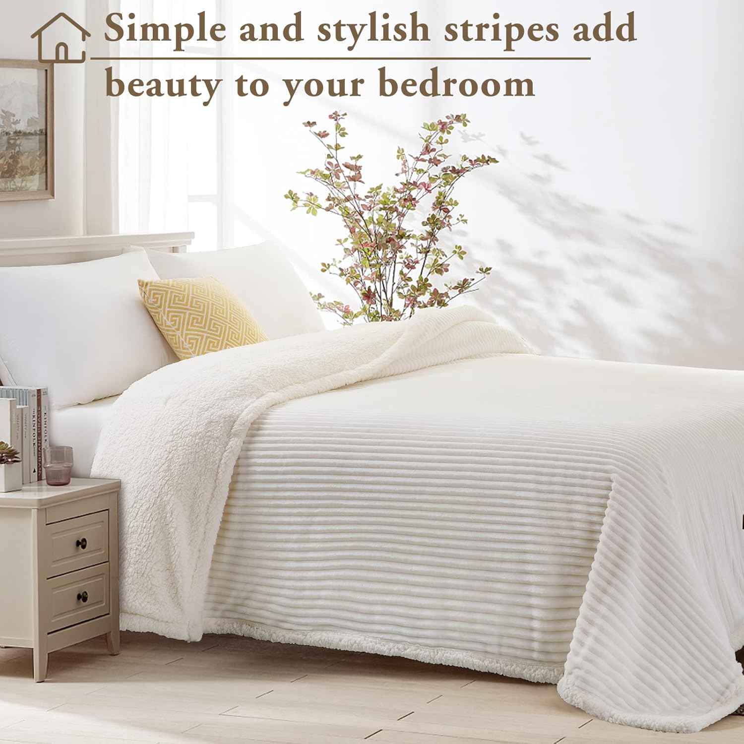 LBRO2M Striped Sherpa Fleece Bed Blanket King Size, Super Soft Fuzzy Plush Warm Cozy Fluffy Microfiber Couch Throw Velvet Double Reversible Luxurious Blankets (90x104),Ivory - Image 2
