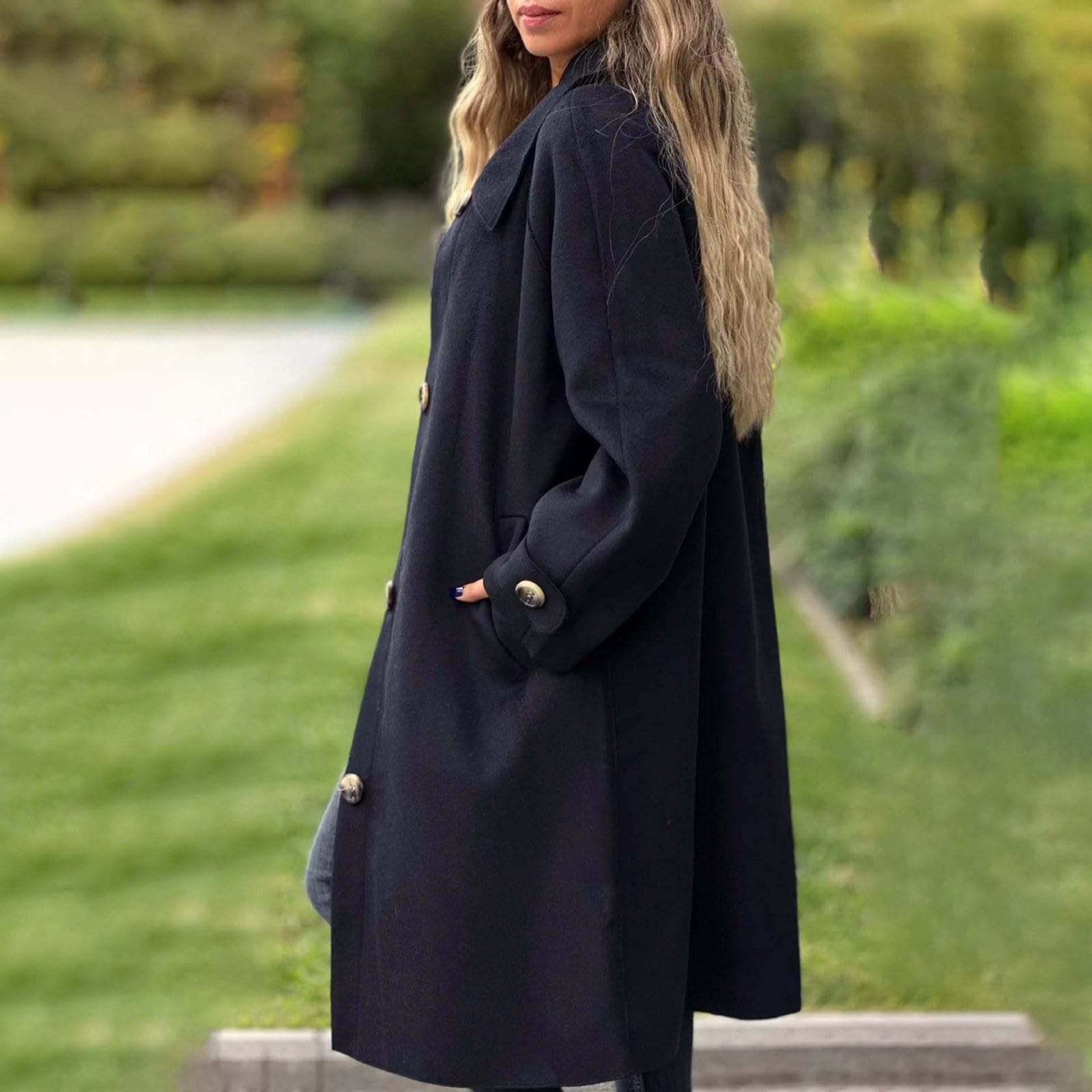 Manteau Femme en Laine Long Hiver Chaud Chic Mi-Long Trench Veste d'hiver pour Femme élégante à Revers Manteau en Laine Longueur Moyenne Veste Mi-Saison Couleur Unie Manteau Coupe-Vent Idee Cadeau