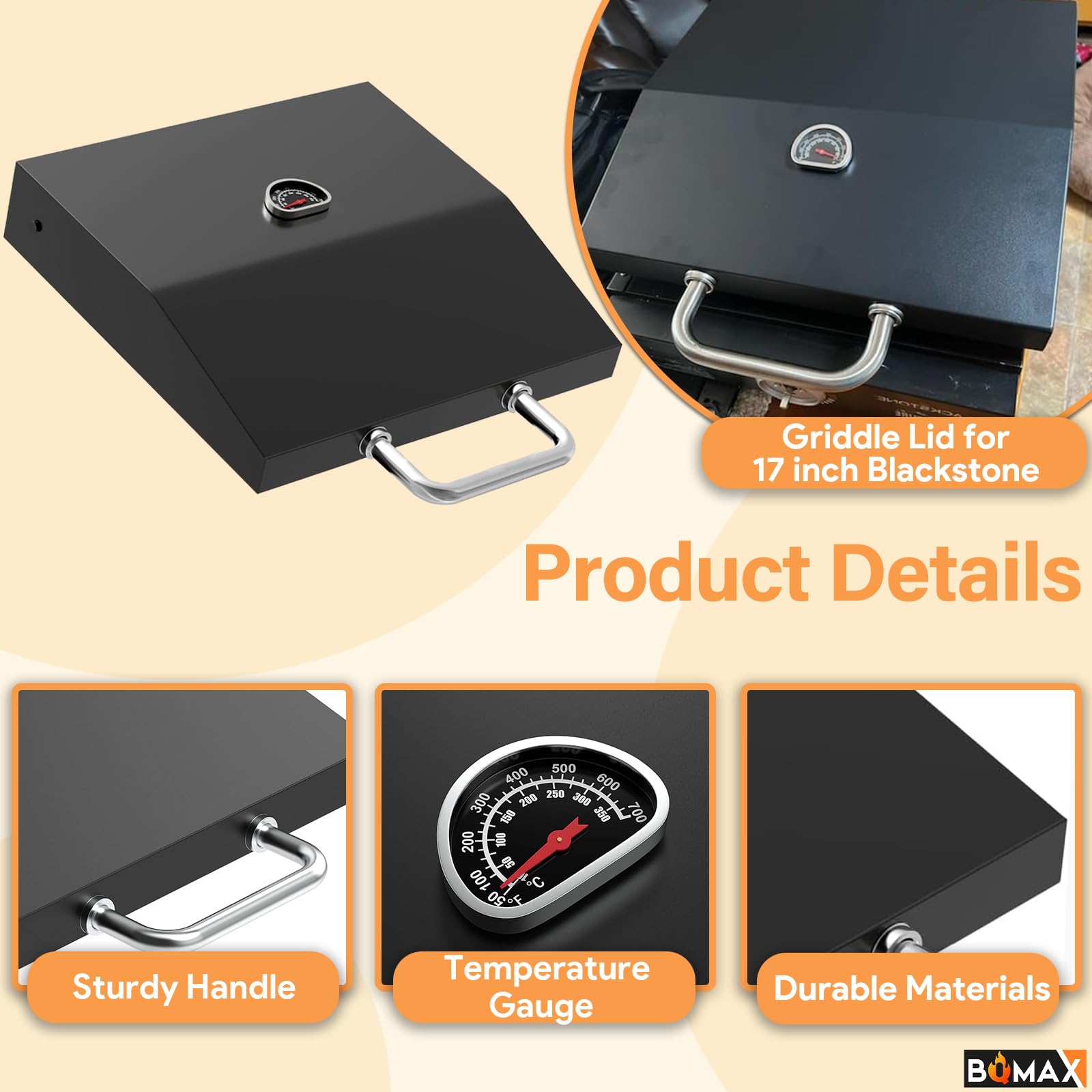 Grilldeckel & Abdeckung Für Blackstone 17 Zoll Grill – Passend Für 1832, 1971 Modelle, 600D Polyester, Mit Temperaturanzeige