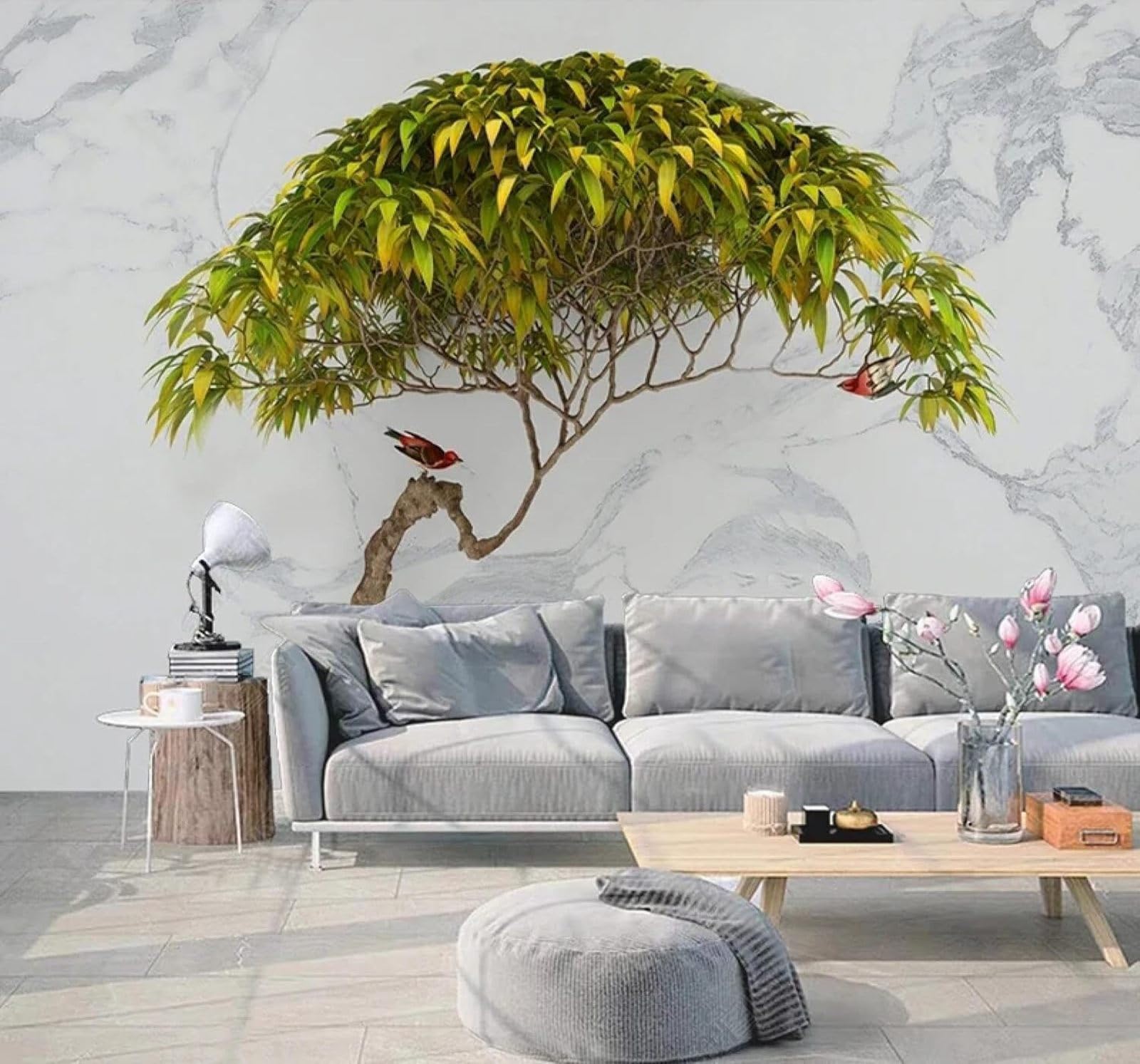 3D Carta Da Parati Rilievo Verde Alberi Uccelli E Fiori Finto Marmo