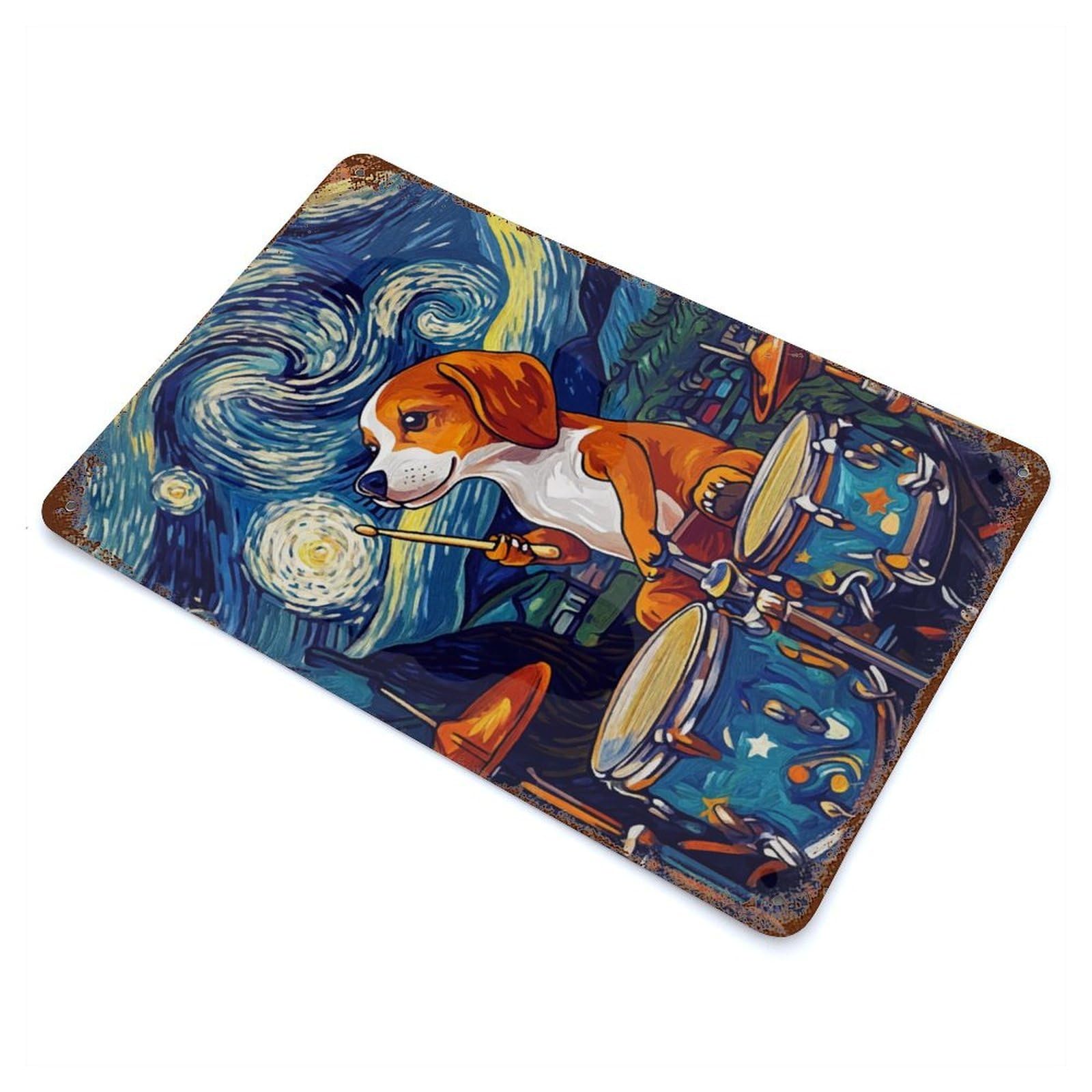 Beagle Drummer Starry Night 11.8"x7.9" Aged Metal Wall Plaque, Novelty Wall Decor for Shed, Workshop And Garage Wall Decor