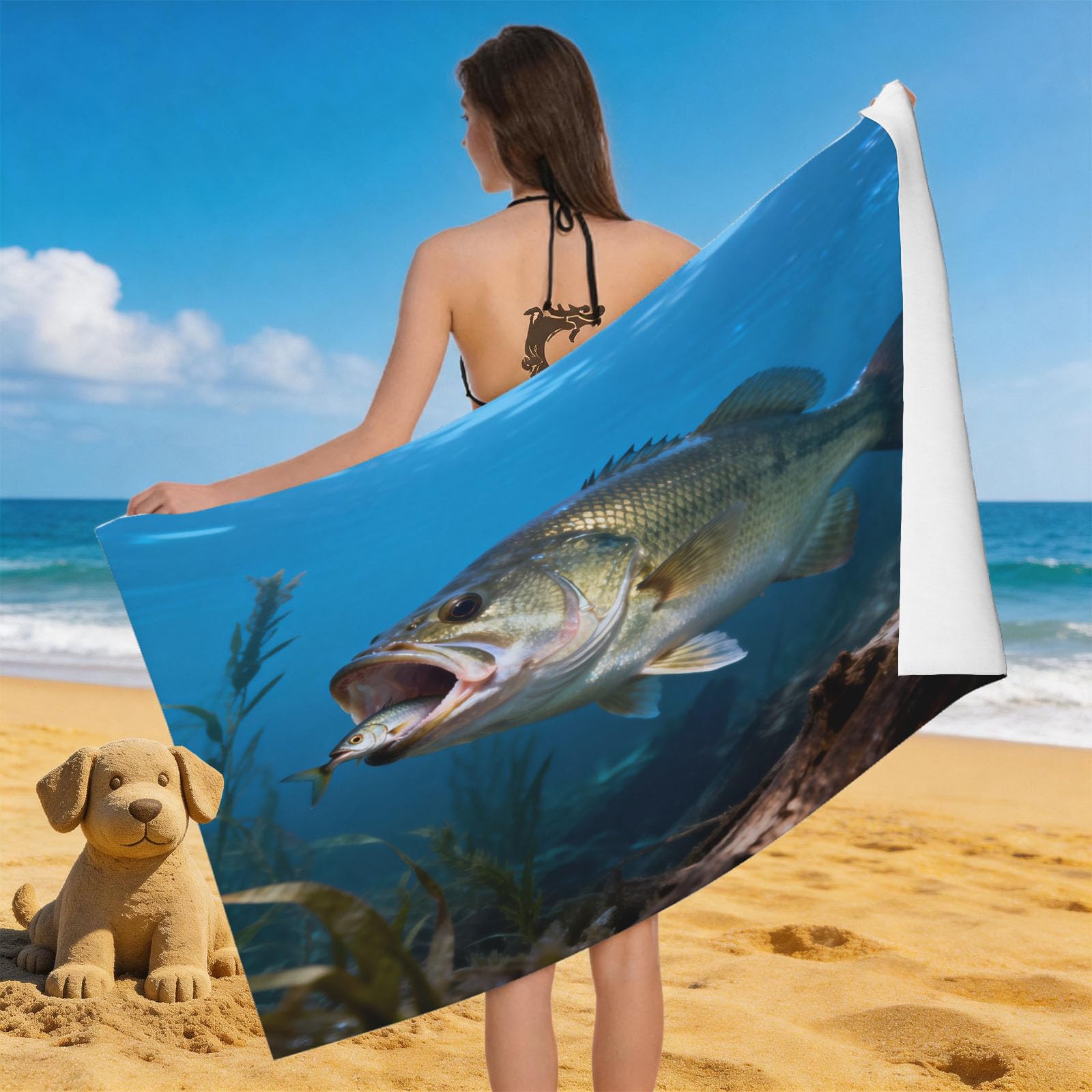 Leichong 3D Sea Bass Beach Towel Microfiber Soft Quick Dry for Adults, Fishing Bath Towel Lightweight Soft Absorbent for Travel Swimming Pool Sports, 75 x 150 cm