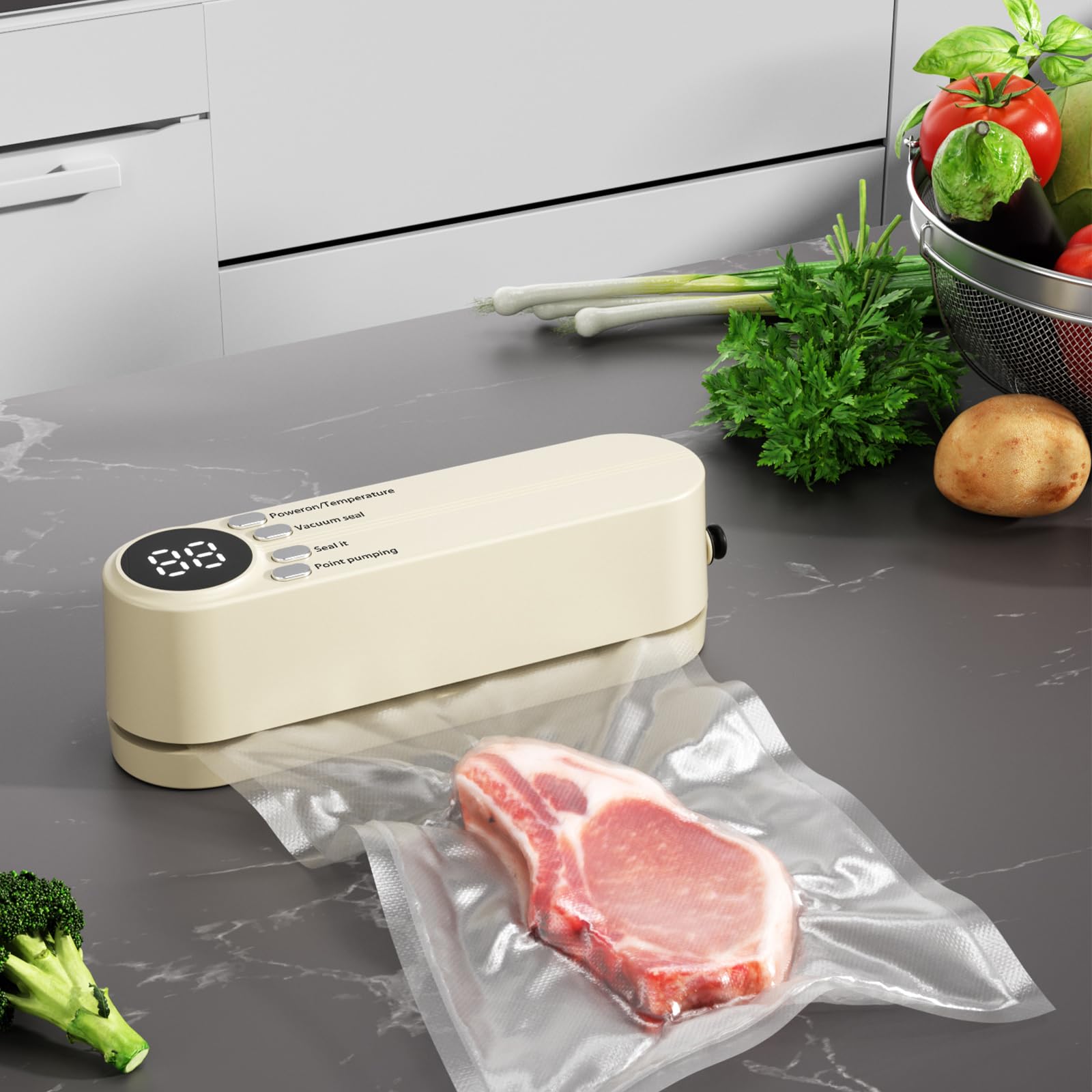 Mini Food Saver Vacuum Sealer Machine 2025 Updated,3 in 1 Cordless Rechargeable Sealer Digital Display Food Preservation Heat Sealer Machine for Dry/Moist Food Storage (Beige)