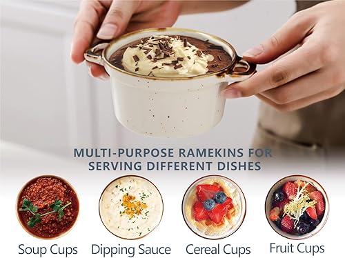 Miniatura 4 de ONEMORE - Juego de 4 moldes de cerámica con tapa y borde marrón para sopa de cebolla francesa, mini horno holandés moteado, juego de 4 para servir