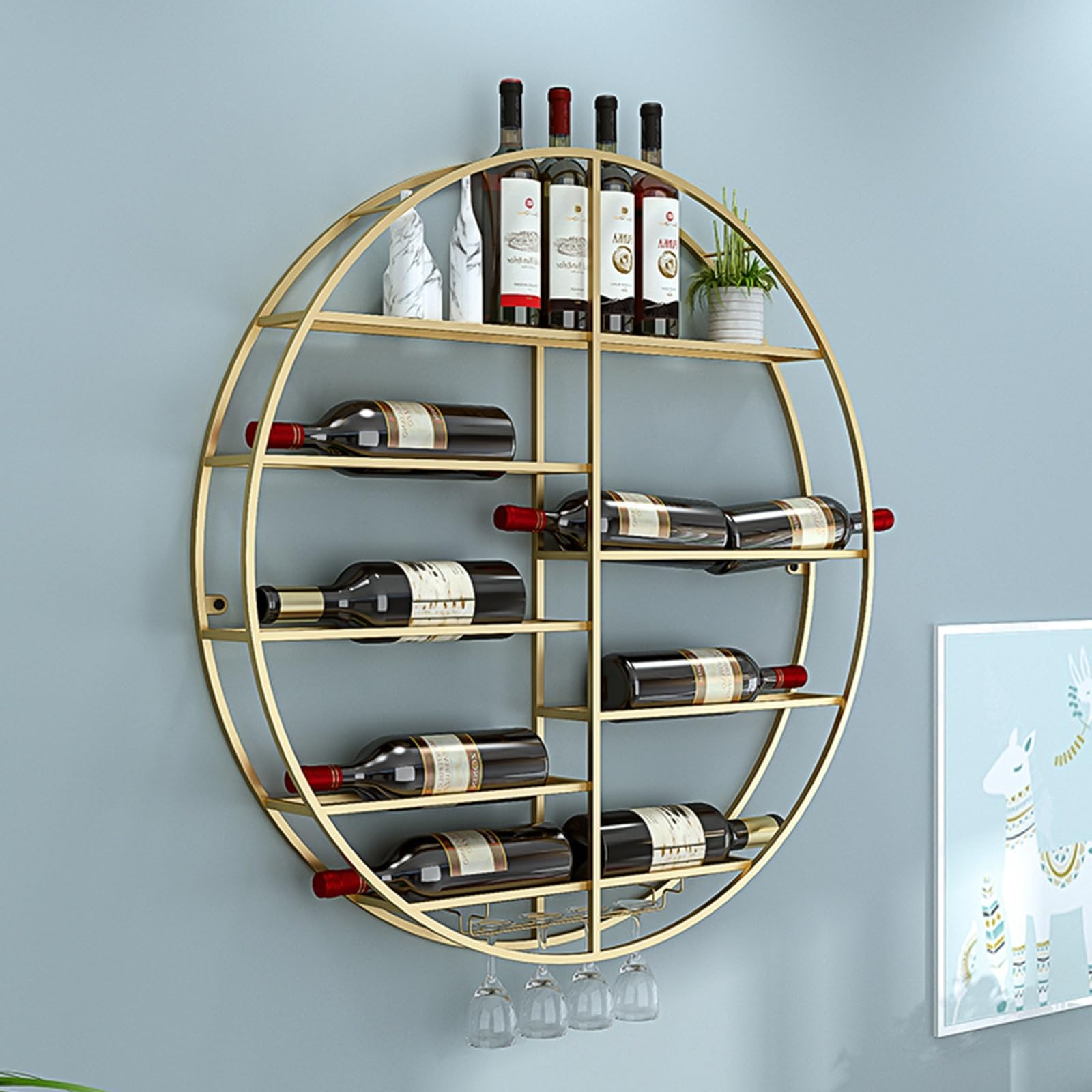 Wall Mounted Rustic Wine Display Storage Rack with Stemware Rack Metal Bottle Holder Shelf for Home Bar Dining Room Kitchen Gold 80cm