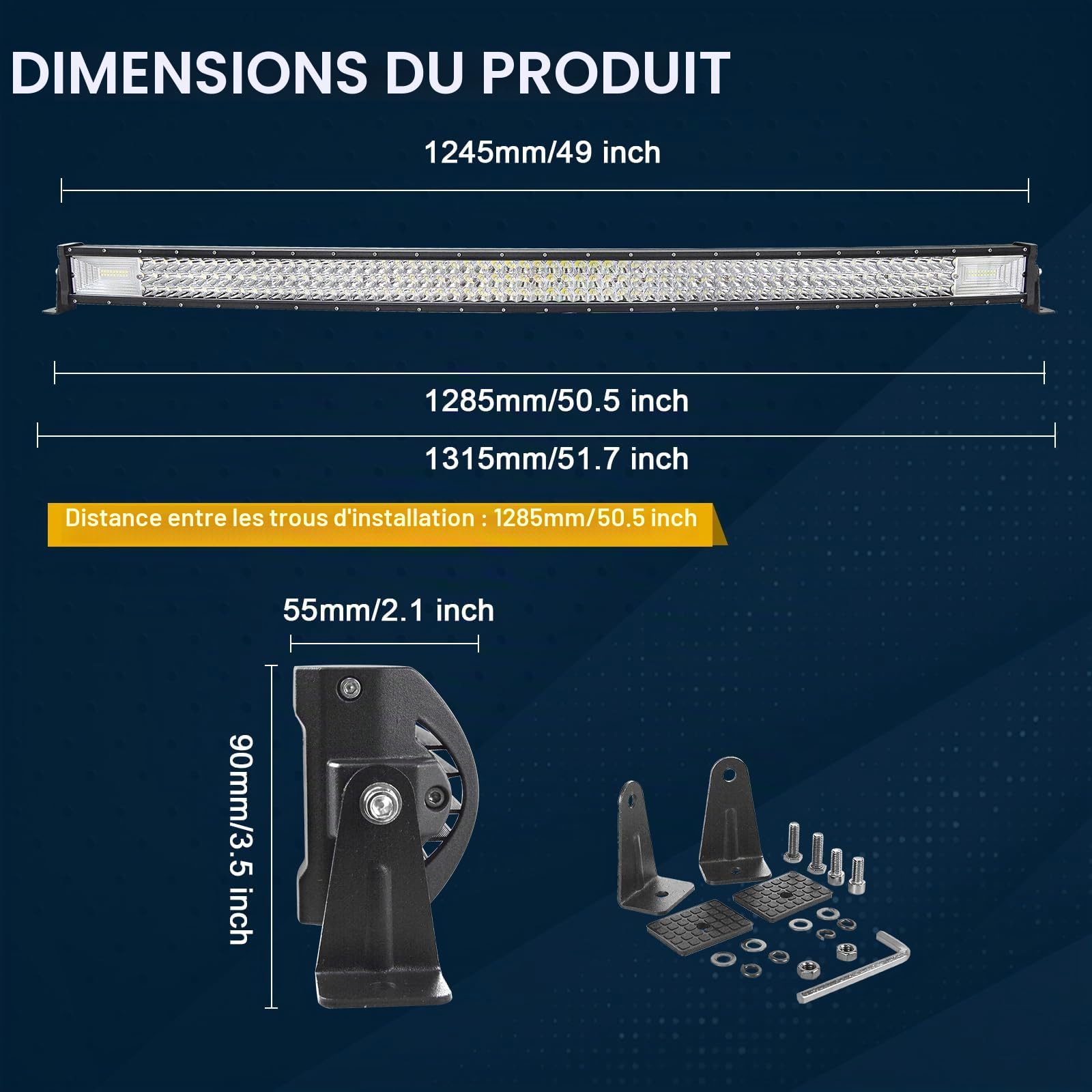 AUXTINGS Barre Lumineuse à LEDs incurvée de 50 Pouces avec Support magnétique kit de Harnais de câblage 12V Lampe de Travail de 29800LM à 3 rangée de Faisceaux de lumière pour Voiture Camion SUV 4x4