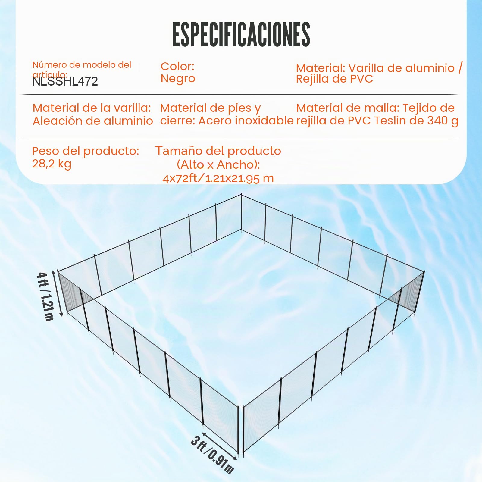 VEVOR Valla para Piscina, Barrera para Piscina Enterrada 1,21x21,95 m Valla de Seguridad Plegable Desmontable Varilla de Aluminio Tejido de Malla de PVC Teslin 340 g/m² para Protección Niños Mascotas