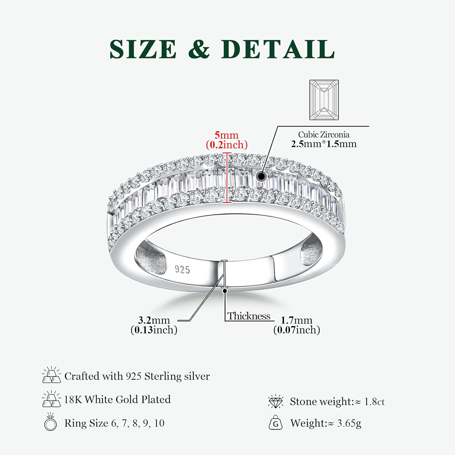 925 Sterling Silver Thick Band Rings for Women Men Channel Set Half Eternity Wedding Anniversary Band Sapphire/Emerald/Ruby/Topaz Gemstone Birthstone Ring Size 6 to 10