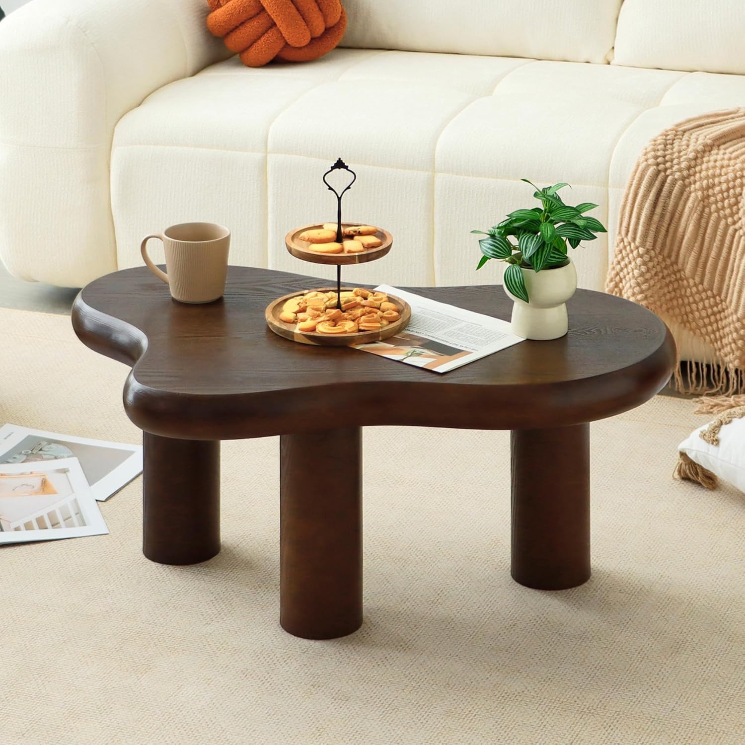 Solid Wood Coffee Table for Living Room | Modern Low Center Table with Thick Round Legs | Wooden Tea Table Sofa Side Table for Home Decor-image-48