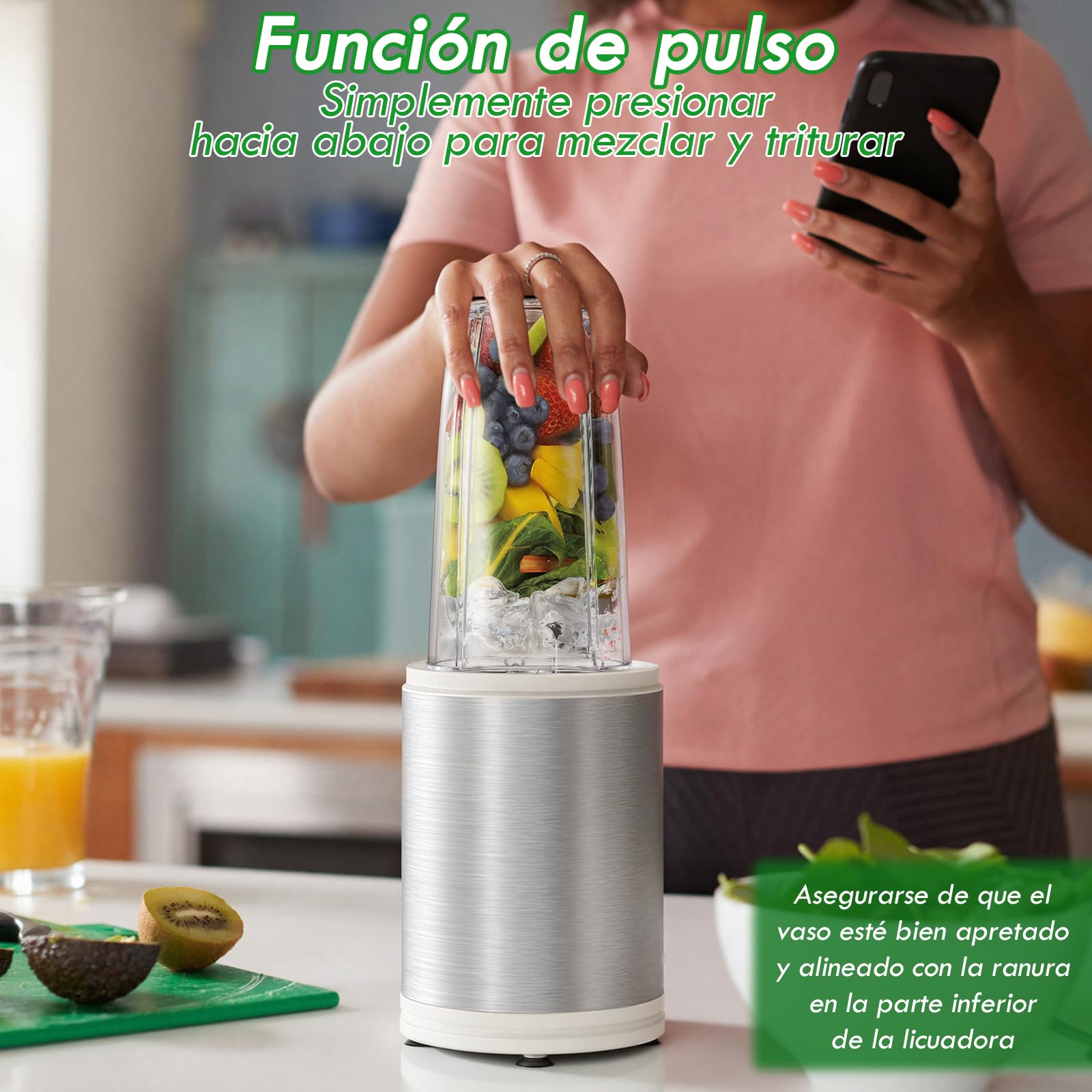 Mini Batidora, Licuadora de pulso, 1200W Batidora Smoothies con 2 x 800 ml Vasos Portátiles, Sin BPA, 6 Cuchillas de Acero Inox para batidos y smoothies