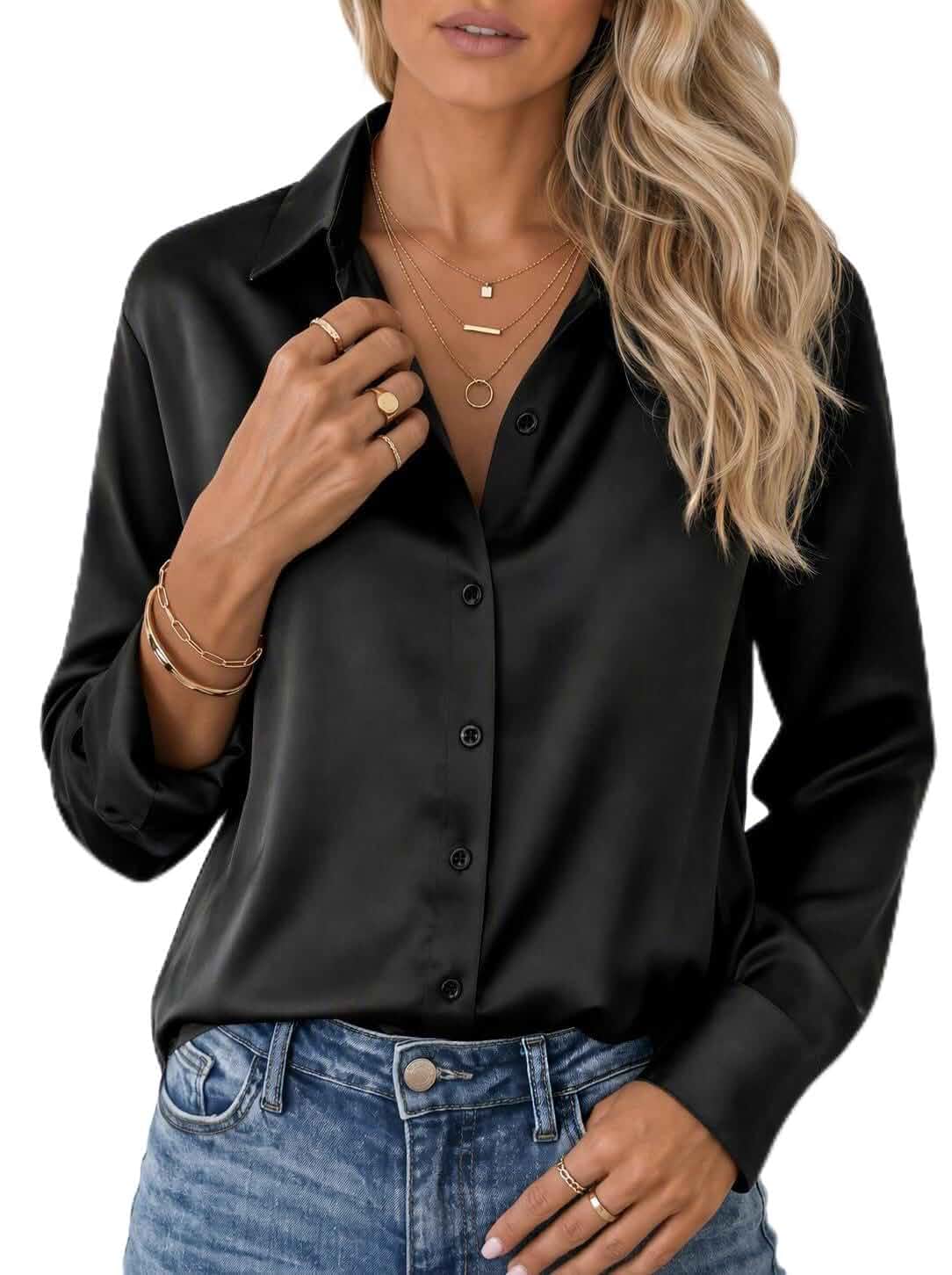 SHESHOW Women's Silky Satin Button Down Collared Shirt Blouse Long Sleeve