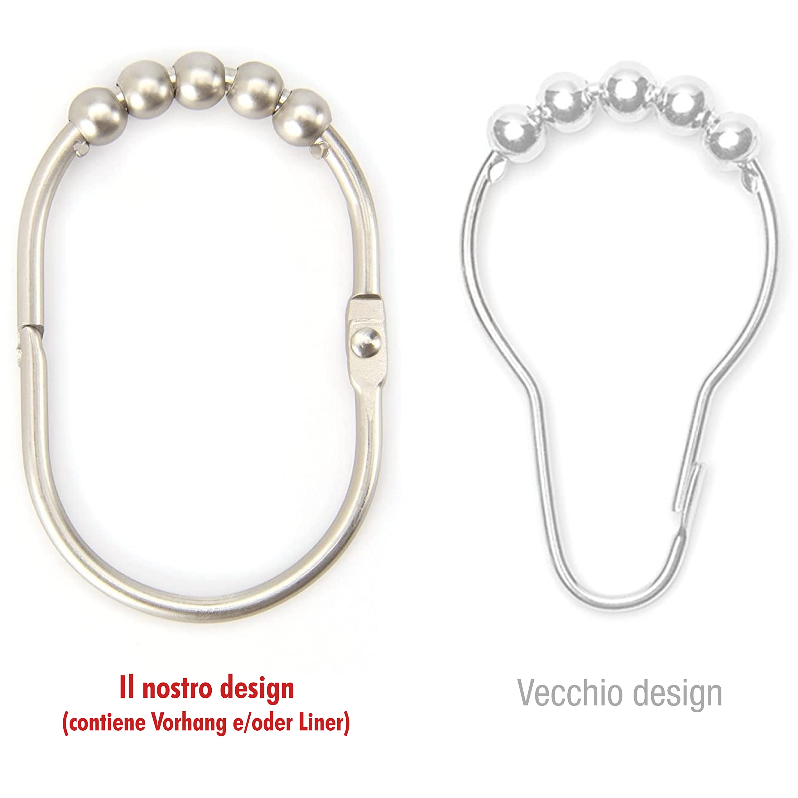2 Lb. Depot Set di anelli/ganci per tende da doccia larghi, finitura decorativa in nichel satinato spazzolato, rulli Easy Glide, 100% acciaio inossidabile antiruggine, set di 12 anelli
