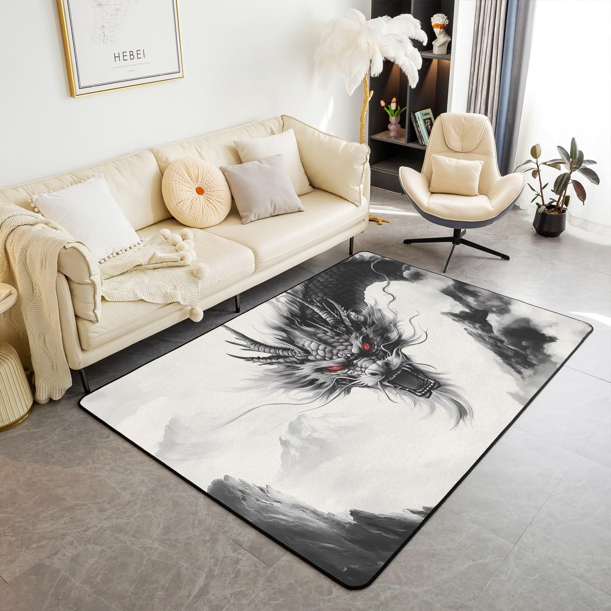 jejeloiu Dragon Area Rug 3x5 Kids Japanese Style Rugs for Living Room Bedroom for Boys Girls Teens Retro Oriental Dragon Decorative Carpet Rug Non-Slip Mount Fuji Indoor Floor Mat Accent Rug