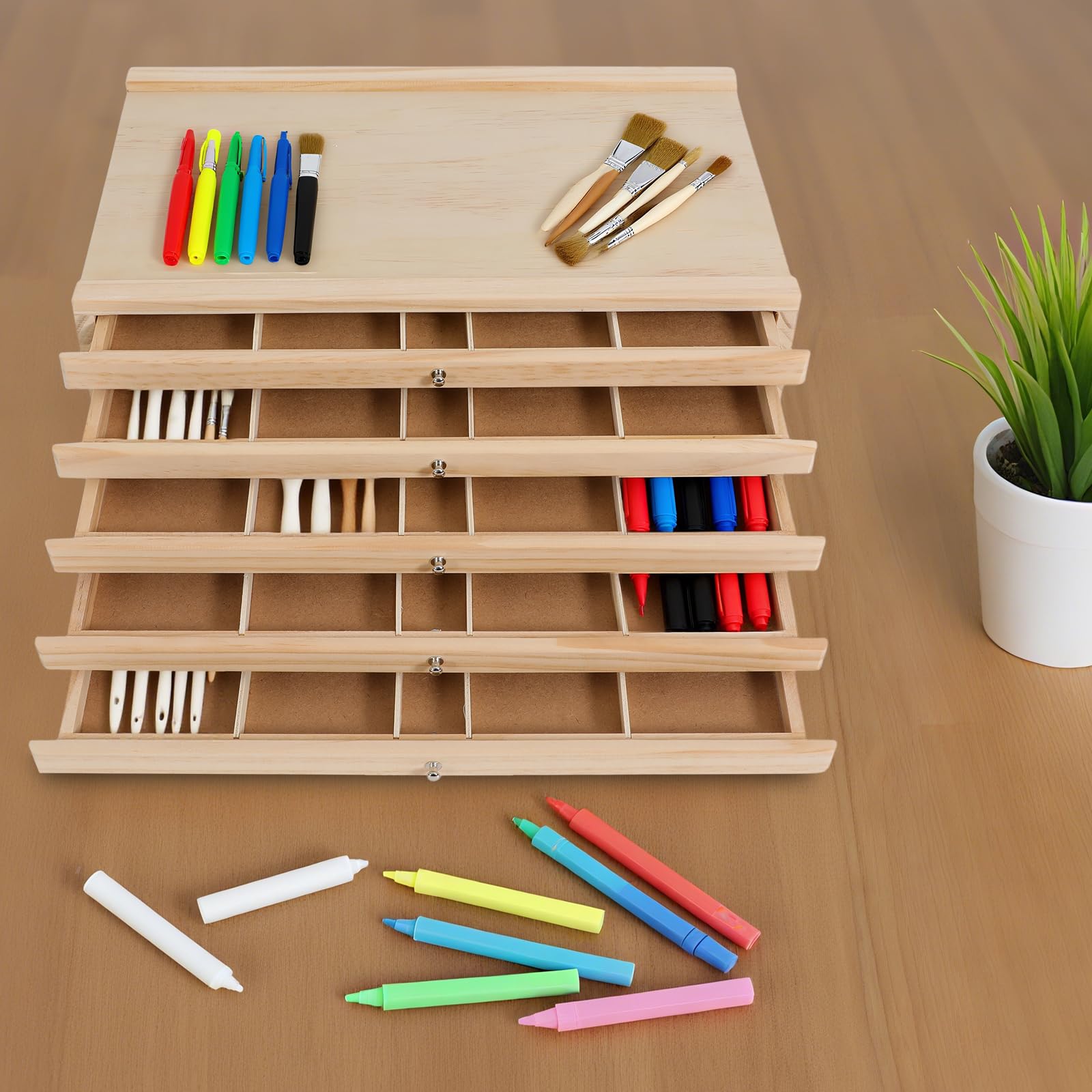 5-Drawer Pine Artist Boîte de rangement – 38 x 25 x 10 cm – Boîte de rangement avec compartiments et tiroir, finition en bois, poignées en métal, organiseur de table pour art, artisanat, bijoux