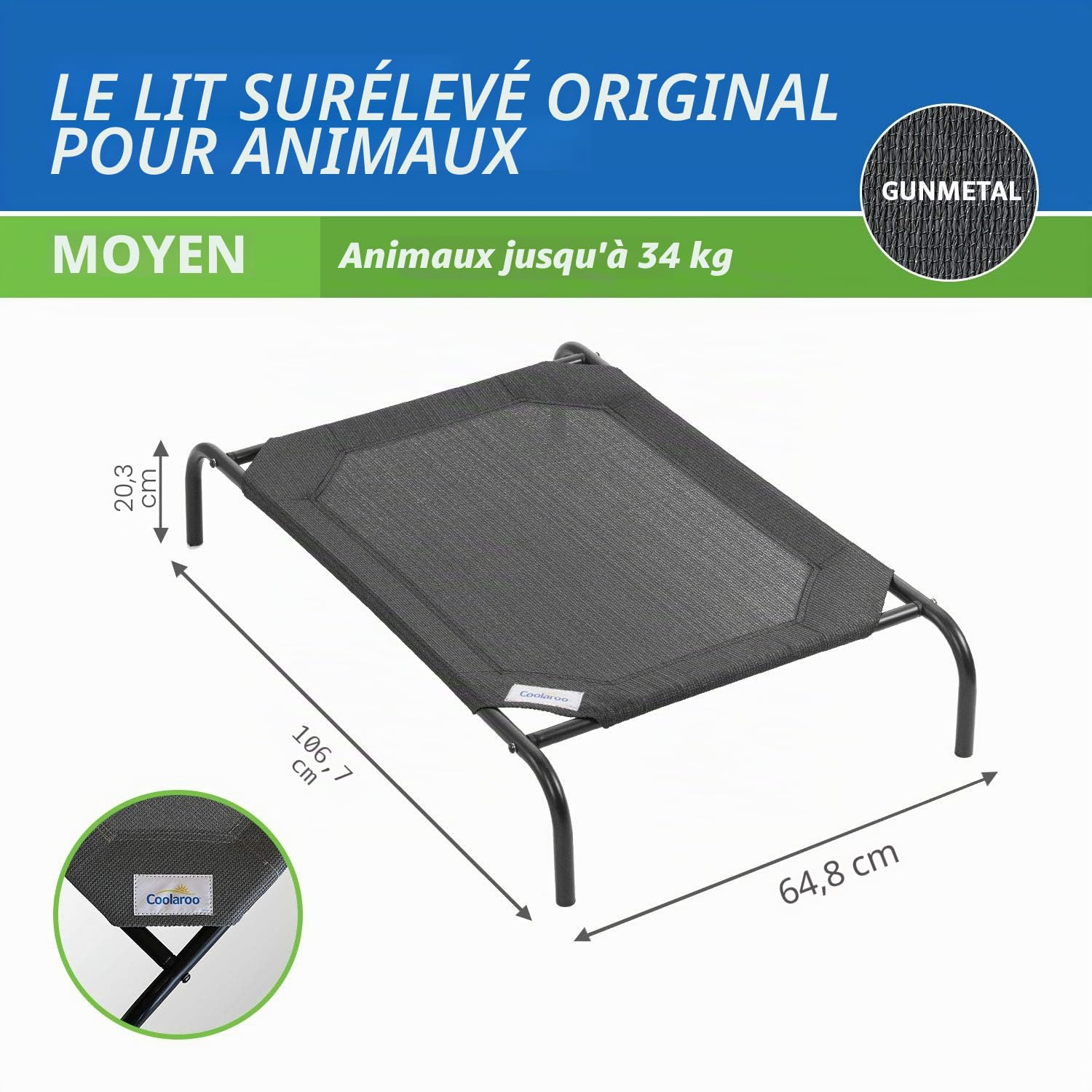 Coolaroo The Original Lit surélevé rafraîchissant pour Chien, intérieur et extérieur, Taille M, Gris Acier