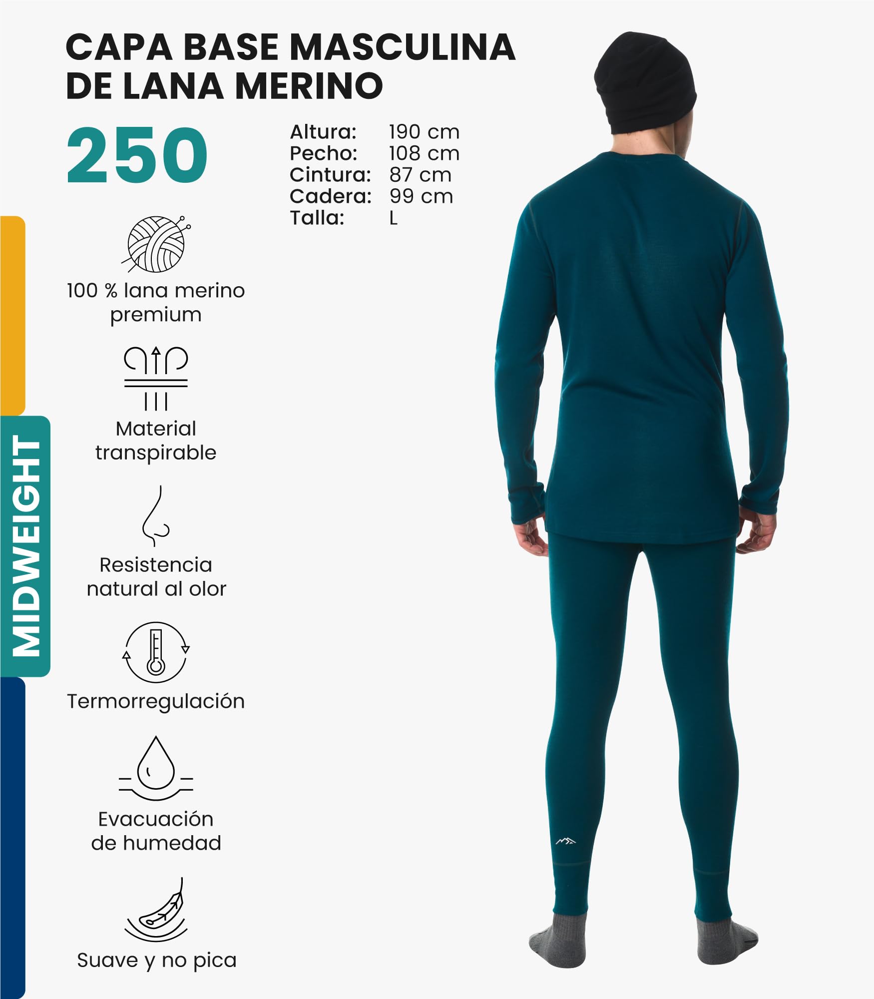 Conjunto Merino para Hombre + Gorro (XL, Verde Azulado Profundo)