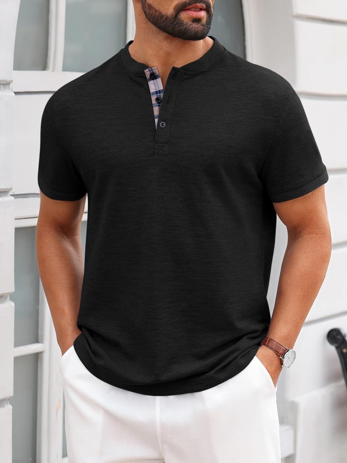 Runcati Mens Henley Shirts Short Sleeve Classic Cotton T Shirts Plaid Button Summer Tee Tops - Image 2