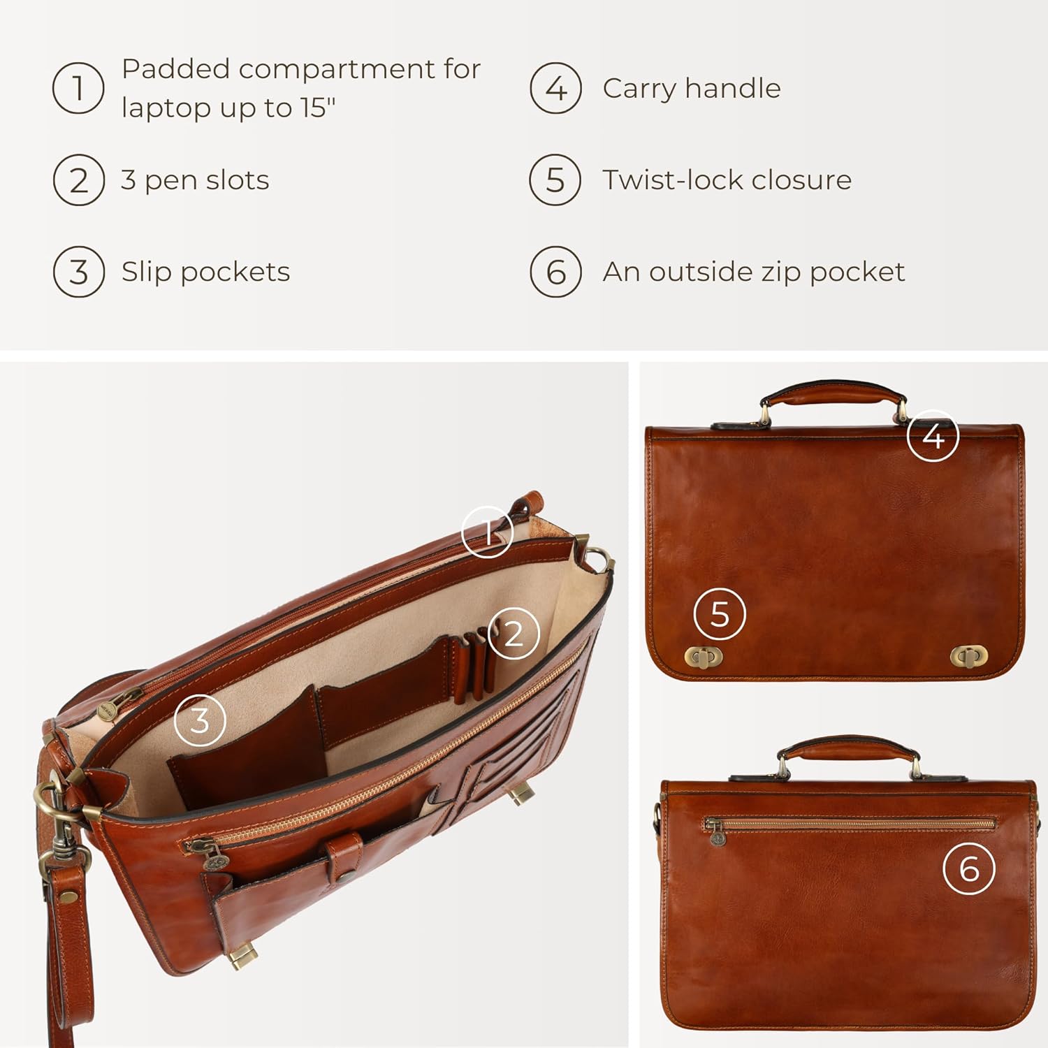 Time Resistance Leather Briefcase for Men - Italian Full Grain Leather Laptop Bag - Messenger Bag - Gift Box Included - Image 6