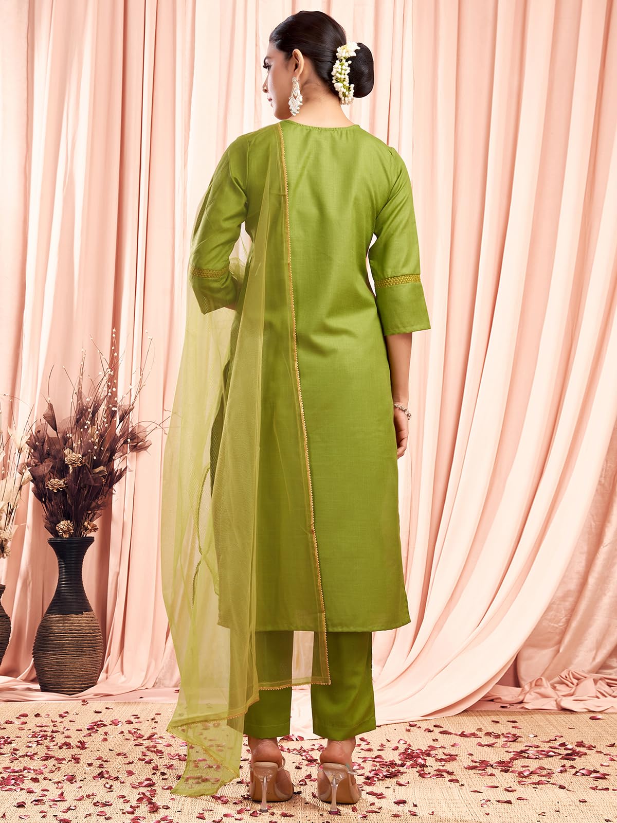 Sanisa Women's Cotton Blend Sequence Embroidery Work Straight Kurta With Pant And Lace Work Dupatta (80Kbd895Nz-Xxl_Parrot Green)