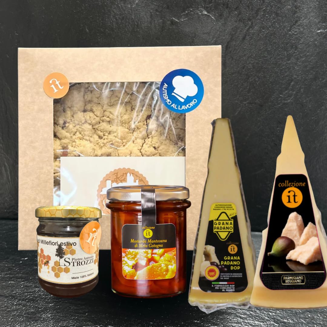 Kit Mantovano Gourmet con Sbrisolona Classica, Miele Millefiori, Mostarda di Mela Cotogna, Grana Padano DOP e Parmigiano Reggiano – Idea Regalo Tipica Italiana