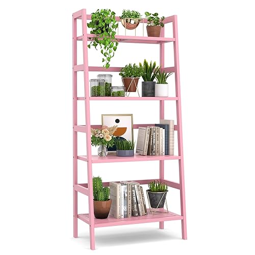 Homykic Bamboo Ladder Bookshelf, 4-Tier Ladder Shelf Open Book Shelf Freestanding Bookcase Bathroom Storage Rack Plant Stand for Living Room, Bedroom, Office, Easy Assembly, Pink - Pink
