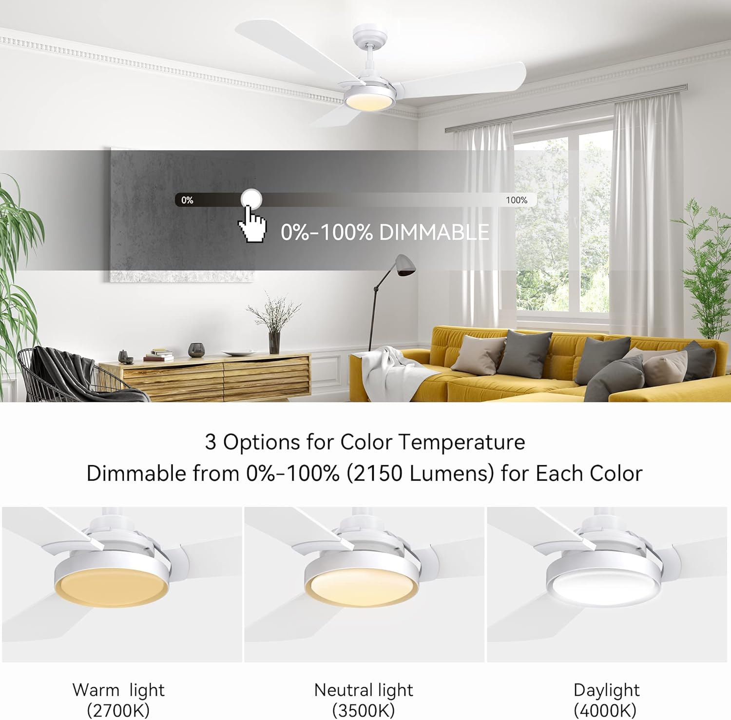 Smart WIFI Ceiling Fans with Dimmable LED Lights and Remote, Compatible with Alexa/Google Home/Siri/APP, 56 inch Outdoor DC Fans with 10 Speeds, Timer/Schedule (White)
