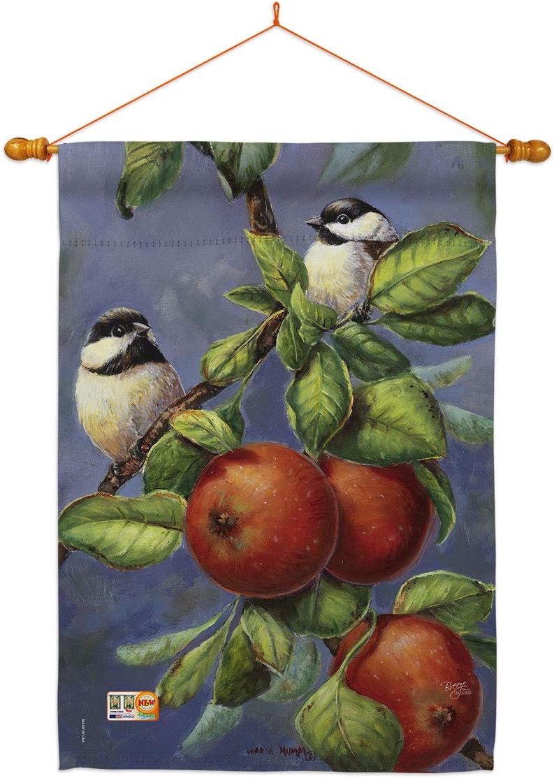 Birds Chickadees & Apples House Flag Dowel Set Garden Friends Flamingo Hummingbird Cardinal Peacock Springtime Natural Wildlife Small Decorative Gift Yard Banner Double-Sided Made In USA 28 X 40