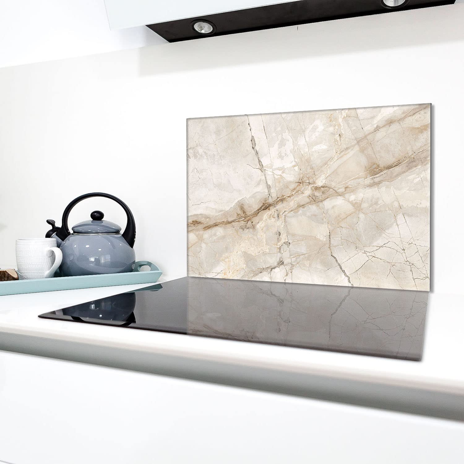 Herdabdeckplatte 80x52 cm 1-teilig Ceranfeldabdeckung Induktion Herdschutz Spritzschutz Glasplatte Deko Schneidebrett, Gehärtetes Glas, Marmor Beige
