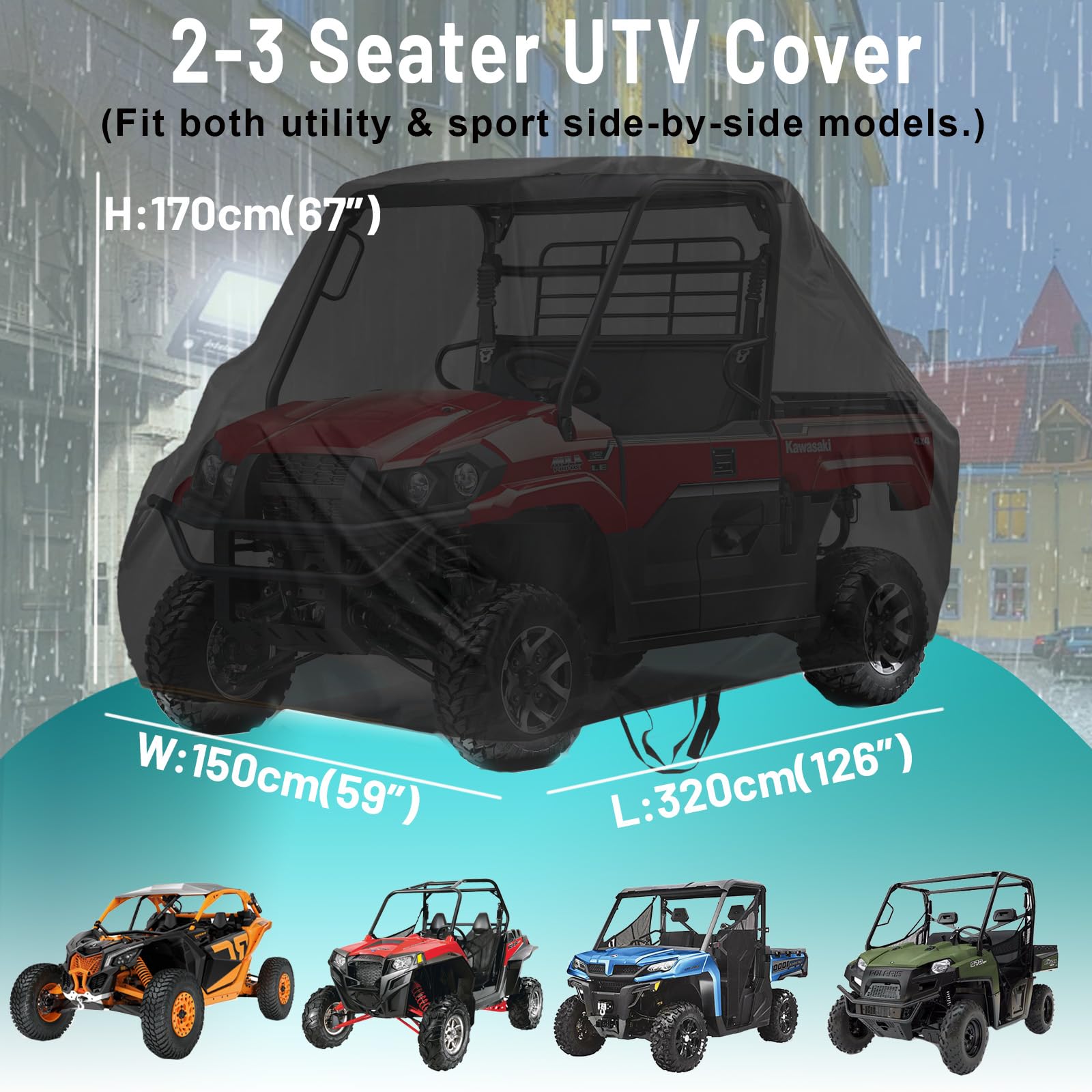 QYMOTO Funda para UTV de 2 plazas, Compatible con Polaris Ranger 570, Fundas RZR 900/1000, Honda Pioneer 500/700, Can Am X3, Arctic Cat Side by Side All Weather Protection Wind Waterproof