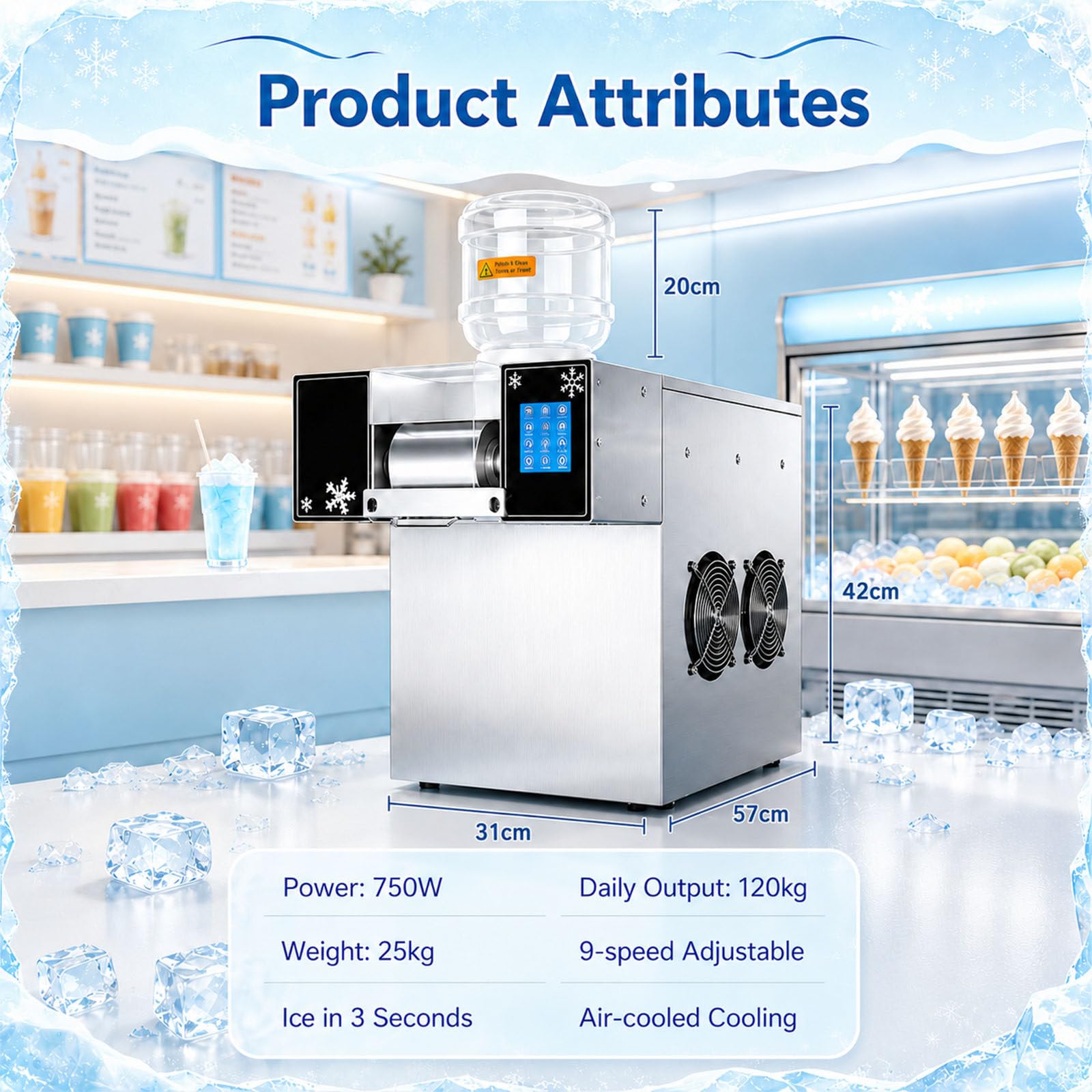 Máquina de Hielo en Escamas Comercial 750W Acero Inox 304 Rápida Aire | Textura Esponjosa Ideal para Bingsu, Té con Leche y Bebidas Frías. Excelente Rendimiento para Cafeterías y Snack Bars
