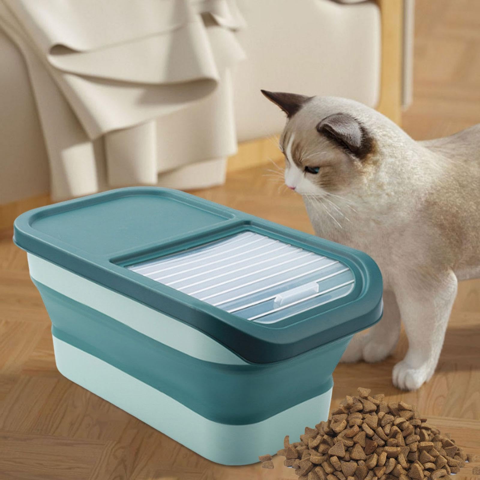 Pet Food Lagerbehälter Getreideversiegelte Vorratsdose Faltbarer Tierfutterspender Korndose mit Stabilem Klappdeckel Und Messbecher Aus Nachhaltigem K, GRÜN