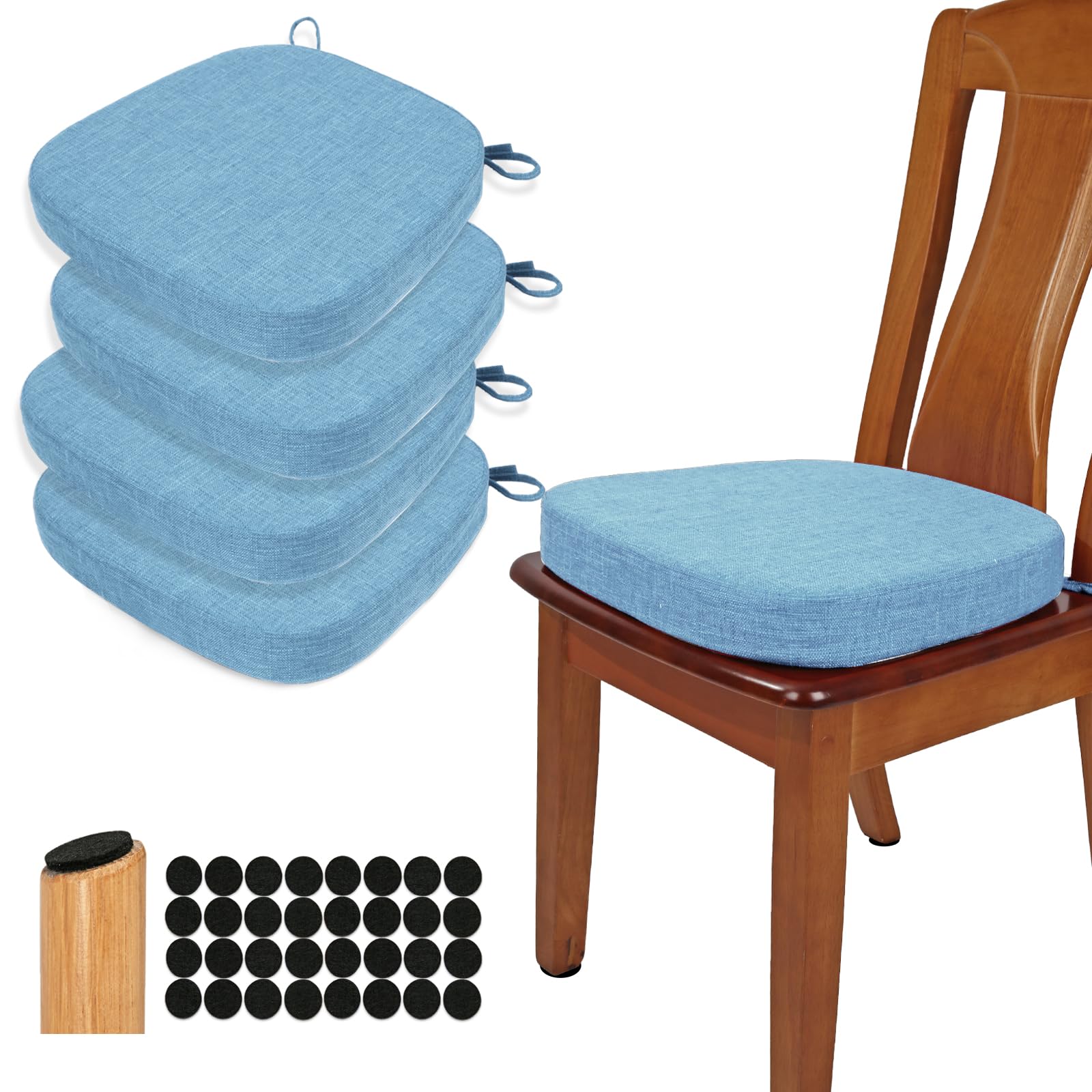 buyue original linen thickened 2.5" dining chair cushions set of 4, u-shape high density foam comfortable chair pads for kitchen, slip resistant indoor seat cushions (4 pcs, light blue)