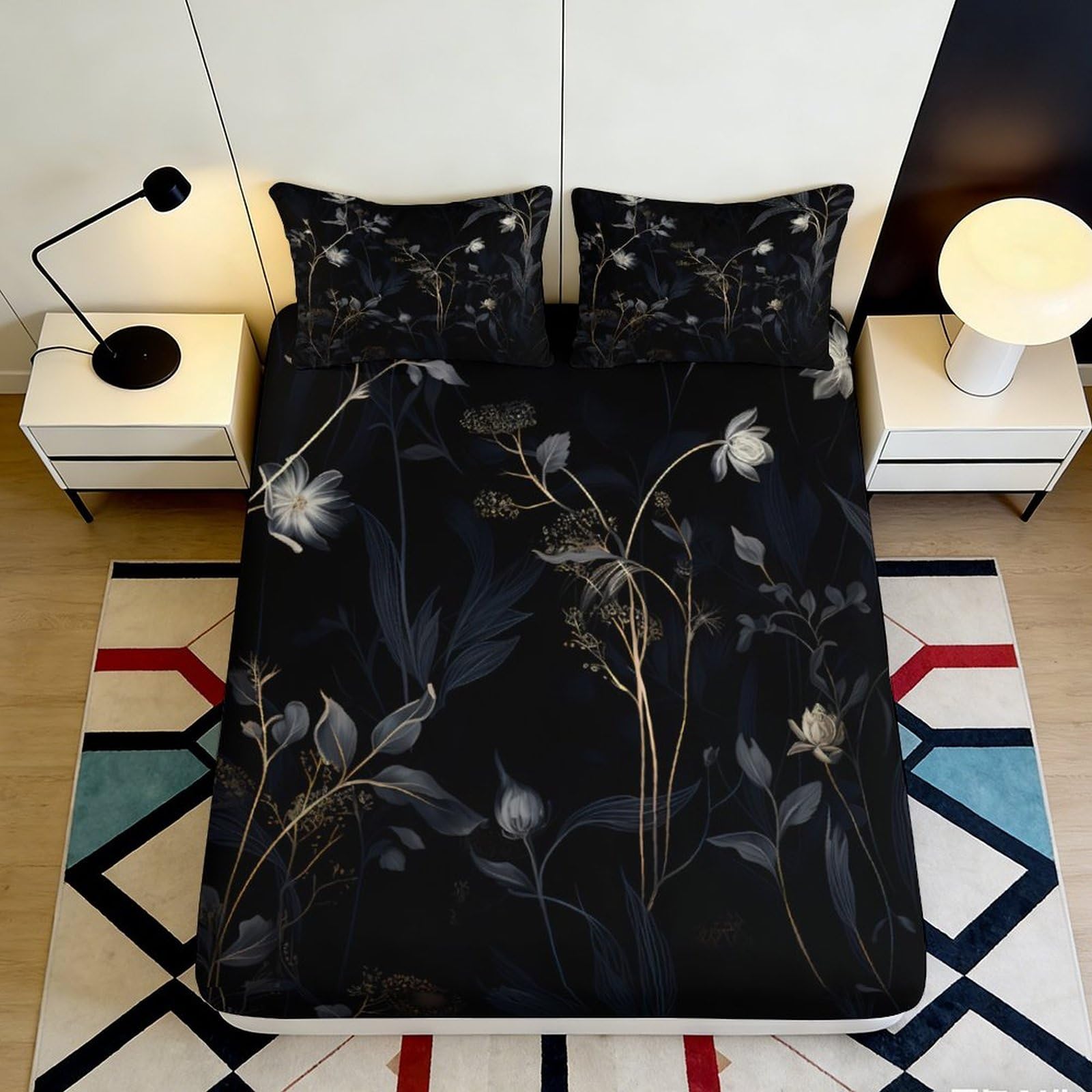 3D Printed Dark Floral Fitted Sheet Microfiber Soft Breathable Botanical Mattress Cover for Bedroom Dorm Decor 120x200x25cm