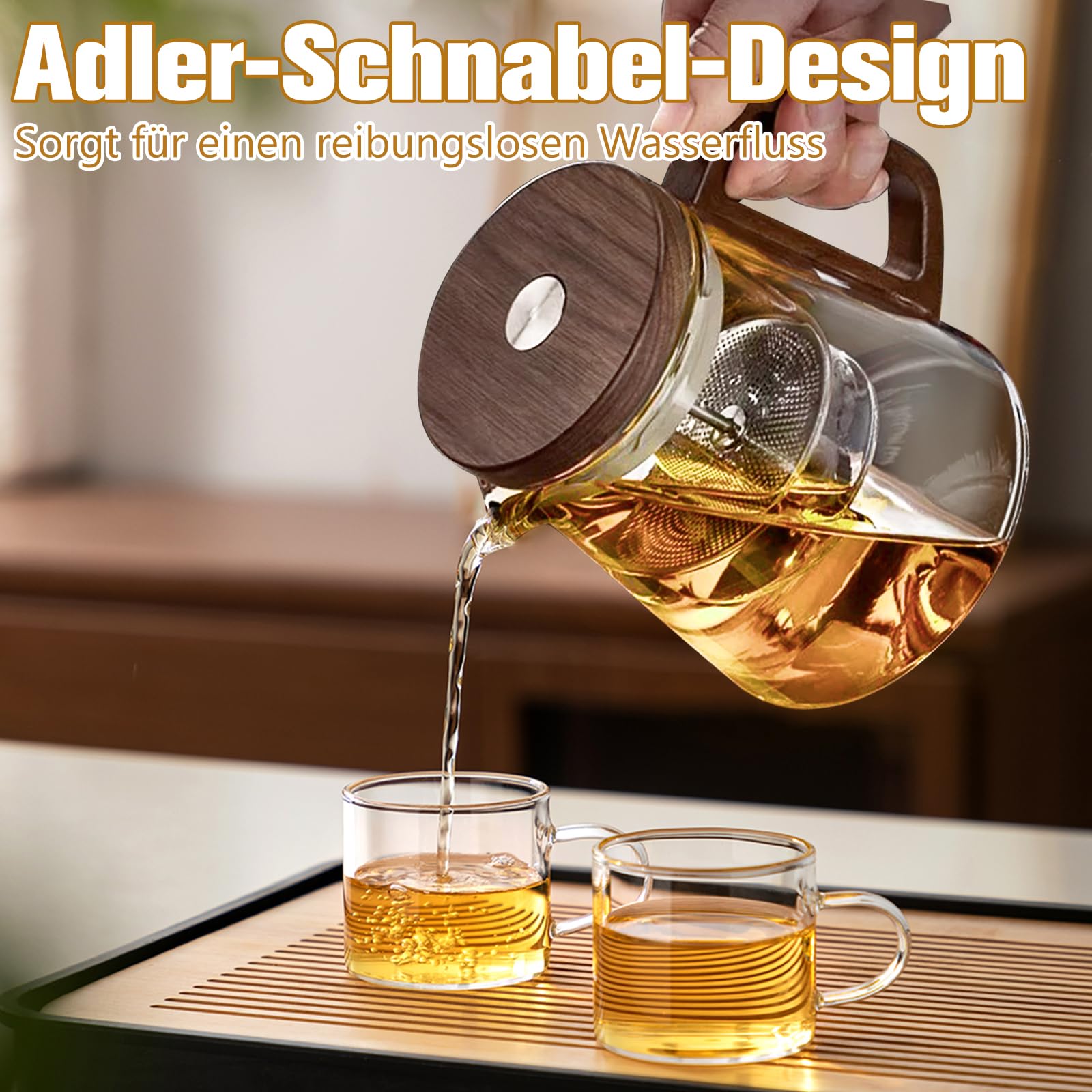 Théière Magique 800ml, Théière en Verre avec Infuseur, Tea Pot en Verre avec Séparation de L'eau, avec Poignée en Bois, Tea Pot Transparente, pour Brasser, Filtrer les Feuilles en Vrac
