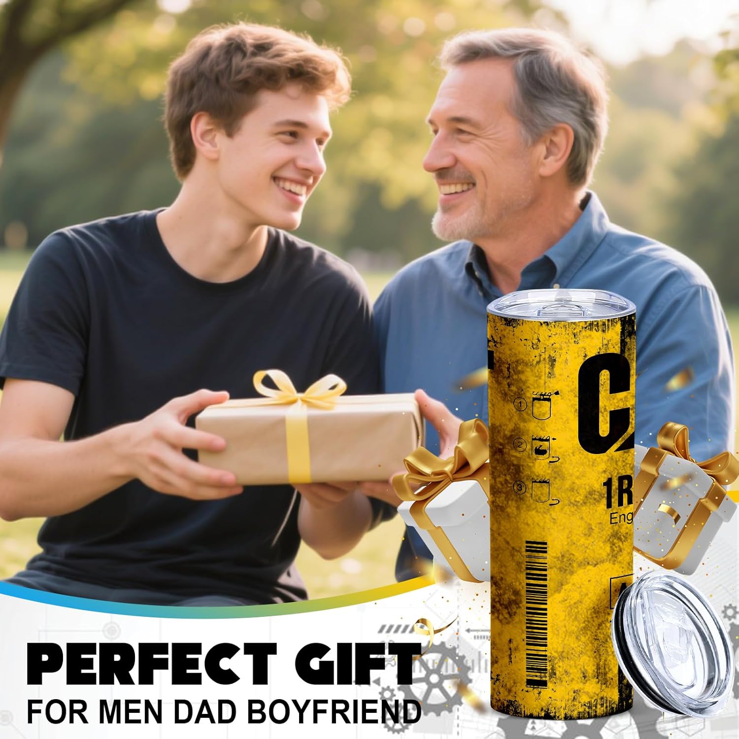 ATHAND Funny Tumbler Gifts for Men - Alfaro Yellow CAT 1R 1807 Engine Oil Filter Skinny Tumbler with Lid, Stainless Steel Double Wall Cup, Insulated Travel Coffee Mug (Pack of 1) - Image 2