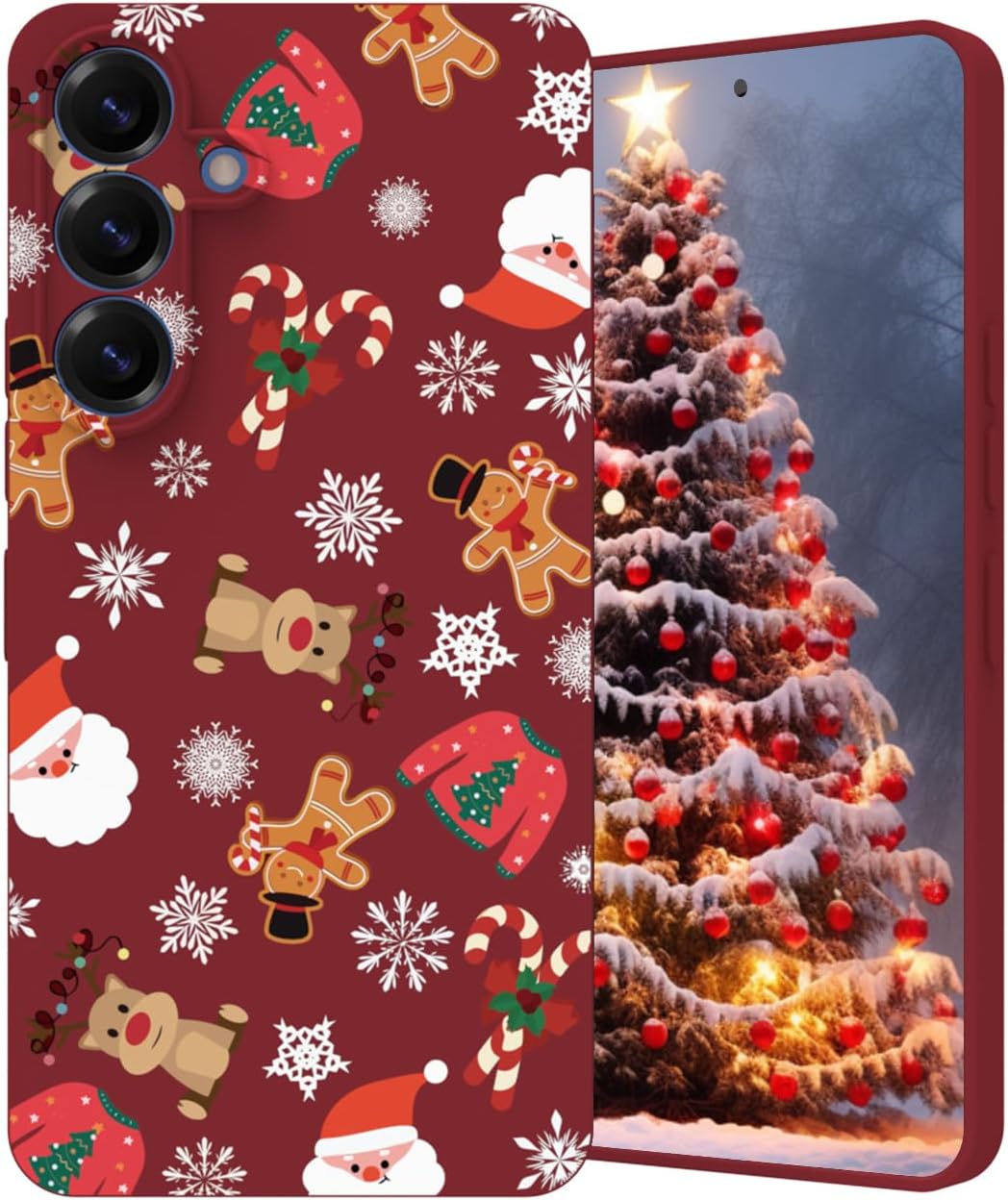 Christmas Case Compatible for Samsung Galaxy S25 Burgundy Matte Soft TPU with Gingerbread Man Santa Clause Reindeer Xmas Print Designed