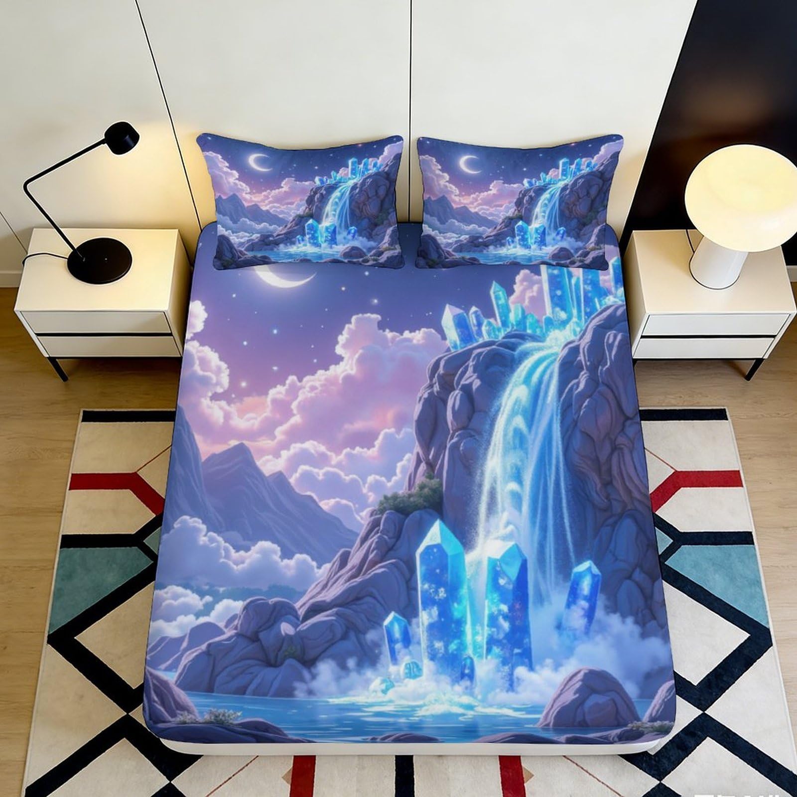 3D Printed Fantasy Waterfall Fitted Sheet Microfiber Soft Bedroom Decor Aurora Mattress Cover Anti-Slip Machine Washable 90x200x25cm