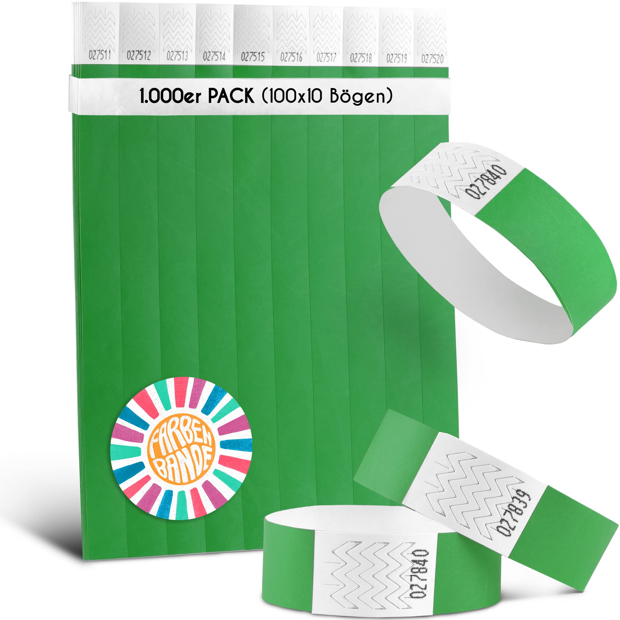 FARBEN BANDE® 1000 Einlassbänder Dunkelgrün/Eintrittsbänder 19mm aus Tyvek/Party Bändchen reißfest, wasserdicht und nummeriert/farbige Partybänder/Einlassbändchen für Party, Festival & Feste
