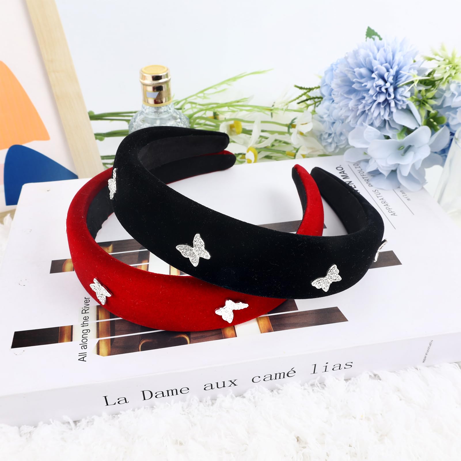 Diadema de terciopelo negro para mujeres y niñas, con diamantes de imitación y mariposa, paquete de diademas anchas antideslizantes y gruesas, para adultos, diademas suaves para cabello largo, corto,