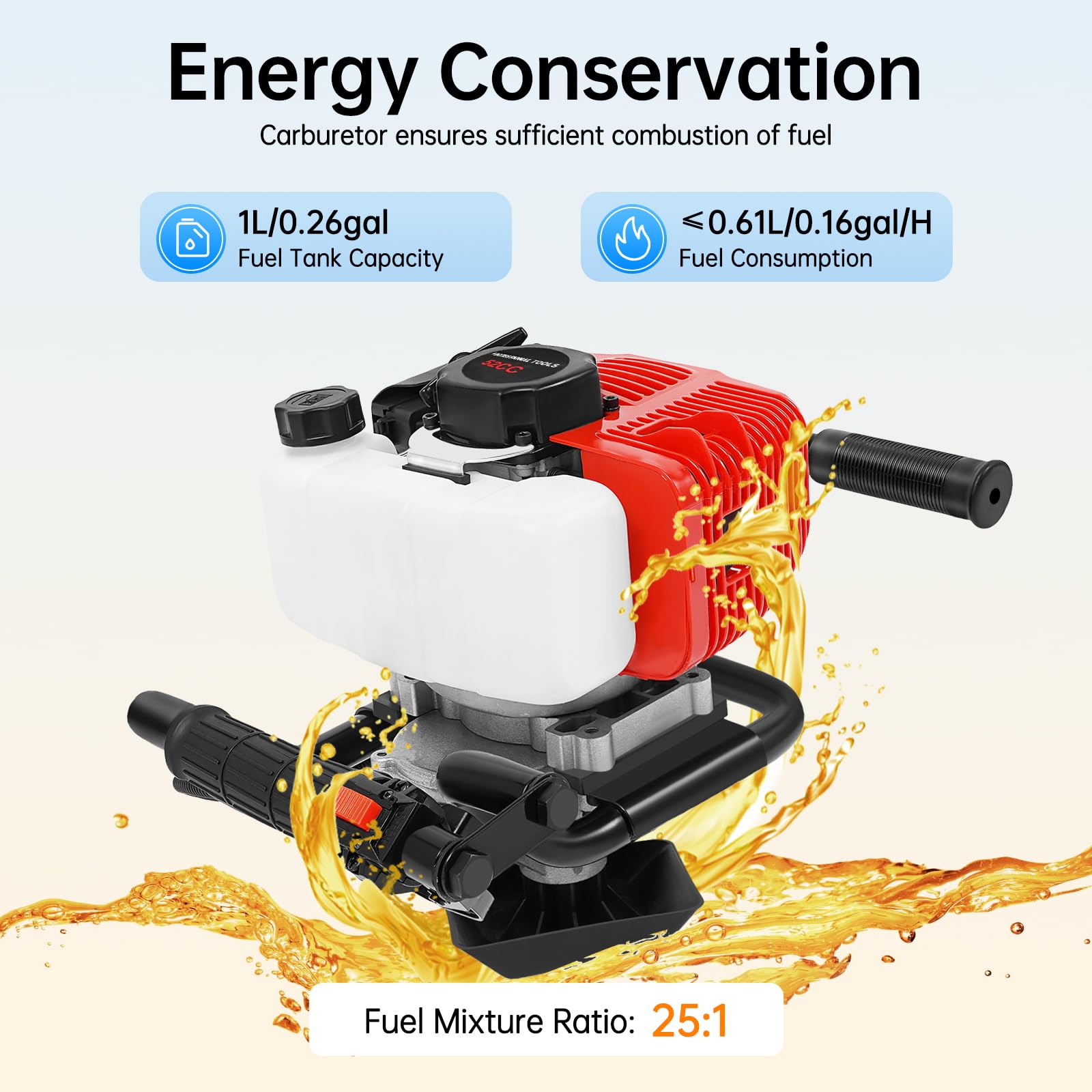 Motor de 2 tiempos de 52 CC, filtro de aire, velocidad ajustable, tanque grande de 0,26 Gal, diseño de mango doble y juego de herramientas, para jardín, patio, paisajismo