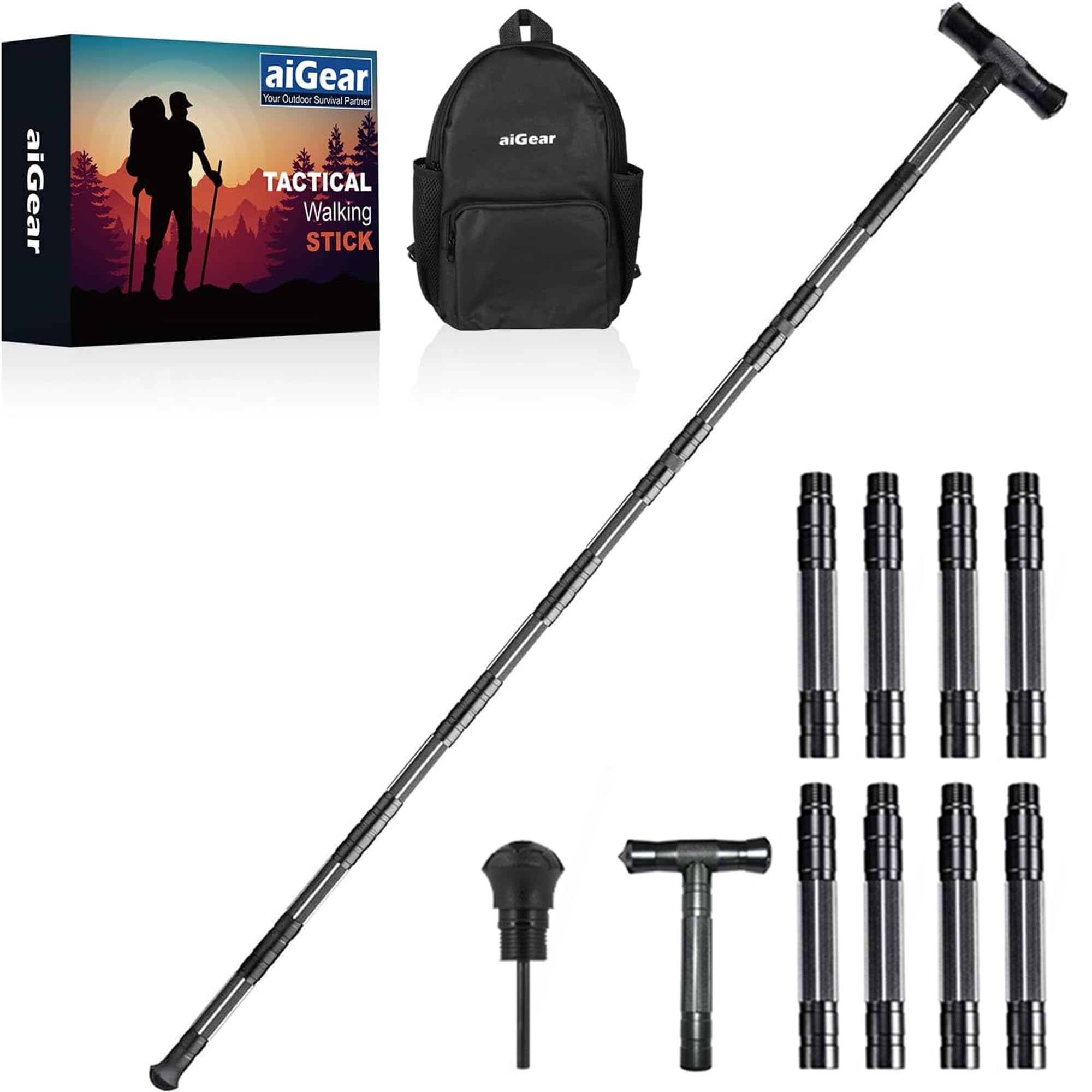 aiGear Hiking Walking Stick with 3 Survival Tool Tactical Walking Staff Adjustable Outdoor Trekking Poles for Survival Camping Hiking