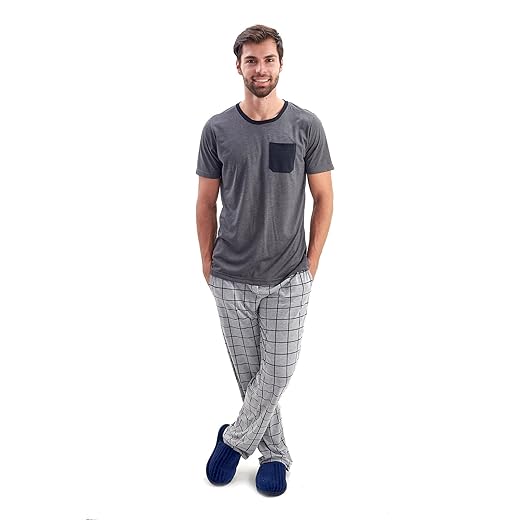 Pijama Masculino Meia Estação - Manga Curta com Calça Xadrez