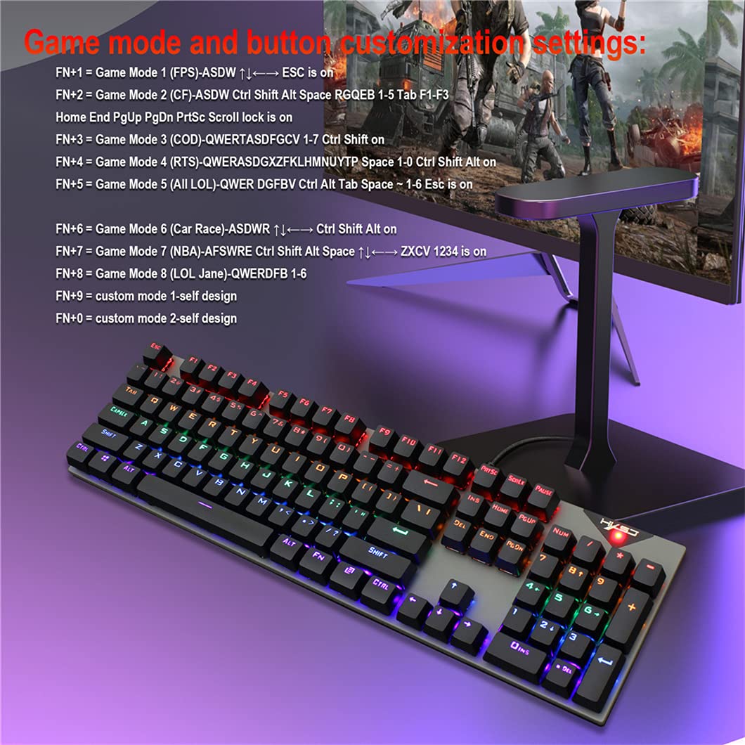 Kolorowa klawiatura do gier 104 klawisze, mechaniczna przewodowa klawiatura mieszanka RGB podświetlany niebieski przełącznik do gry laptopa PC