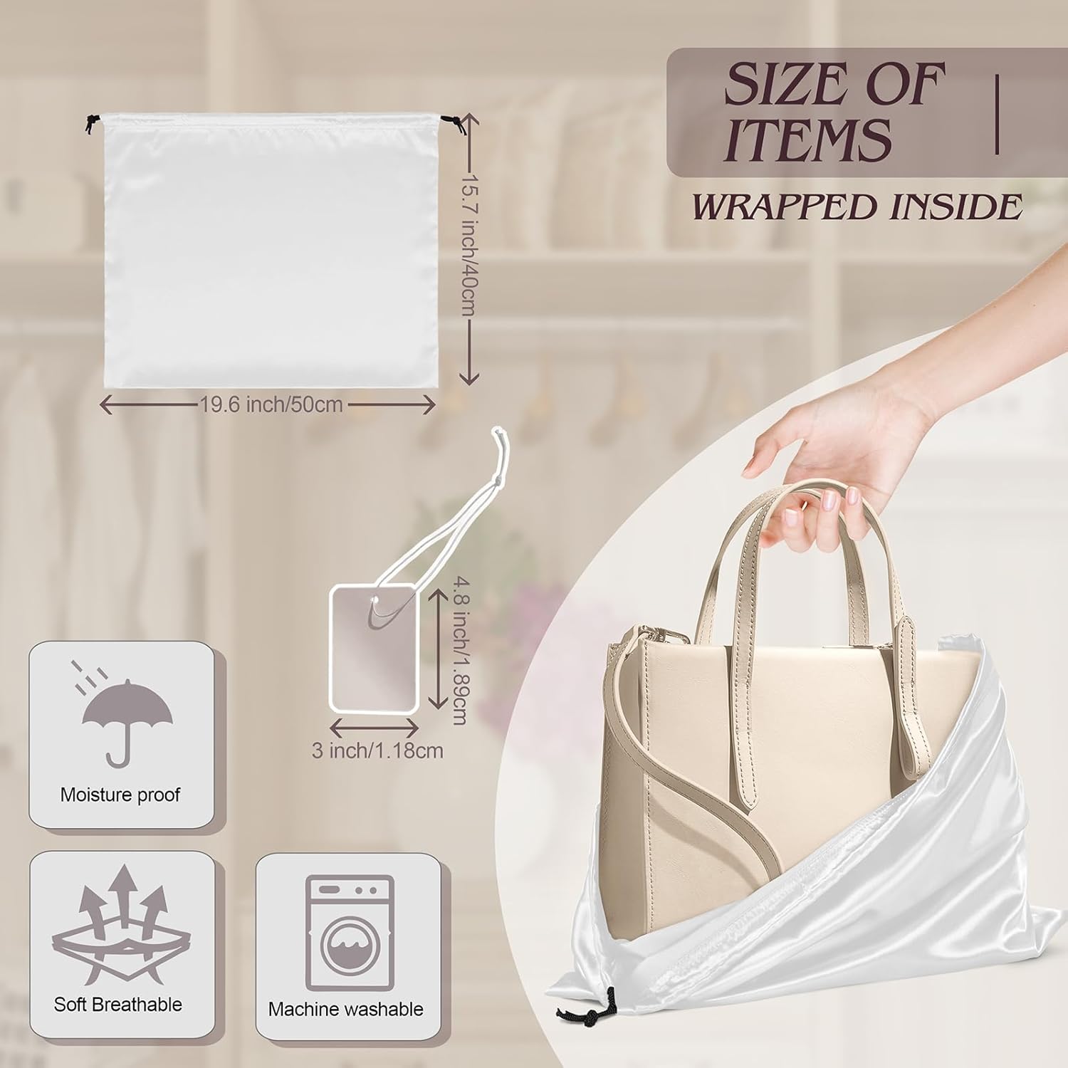 Manyshofu 7 Pack Satin Dust Bags for Handbags Storage, Silky Shoe Bag White Drawstring Bags for Shoes & Purses - Silk Dust Cover Bag Dustproof Protector Travel Storage Pouch(19.6 x 15.7) - Image 3