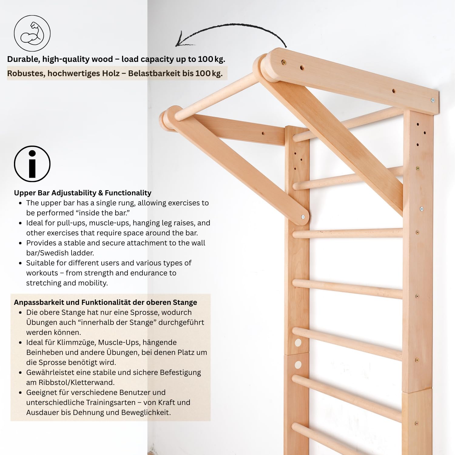Ściana gimnastyczna drewniana "Sport-1-240" – Drabinka Gimnastyczna dla Dzieci i Dorosłych, Wall Bar do Home Gym, Kids Room, Fitness, Ćwiczenia i Zabawa, Swedish Ladder, Wooden wall bar