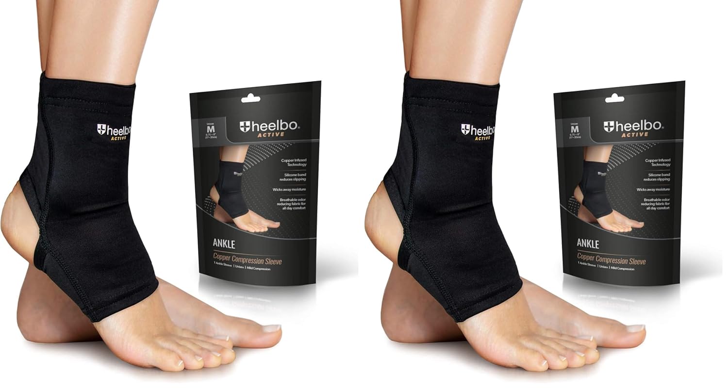 Heelbo Ankle Compression Sleeve and Compression Sock Made with Copper Infused Fibers and Breathable Fabric for Planter Fasciitis, Achilles Tendonitis or Arch Support, Black, Medium (Pack of 2)