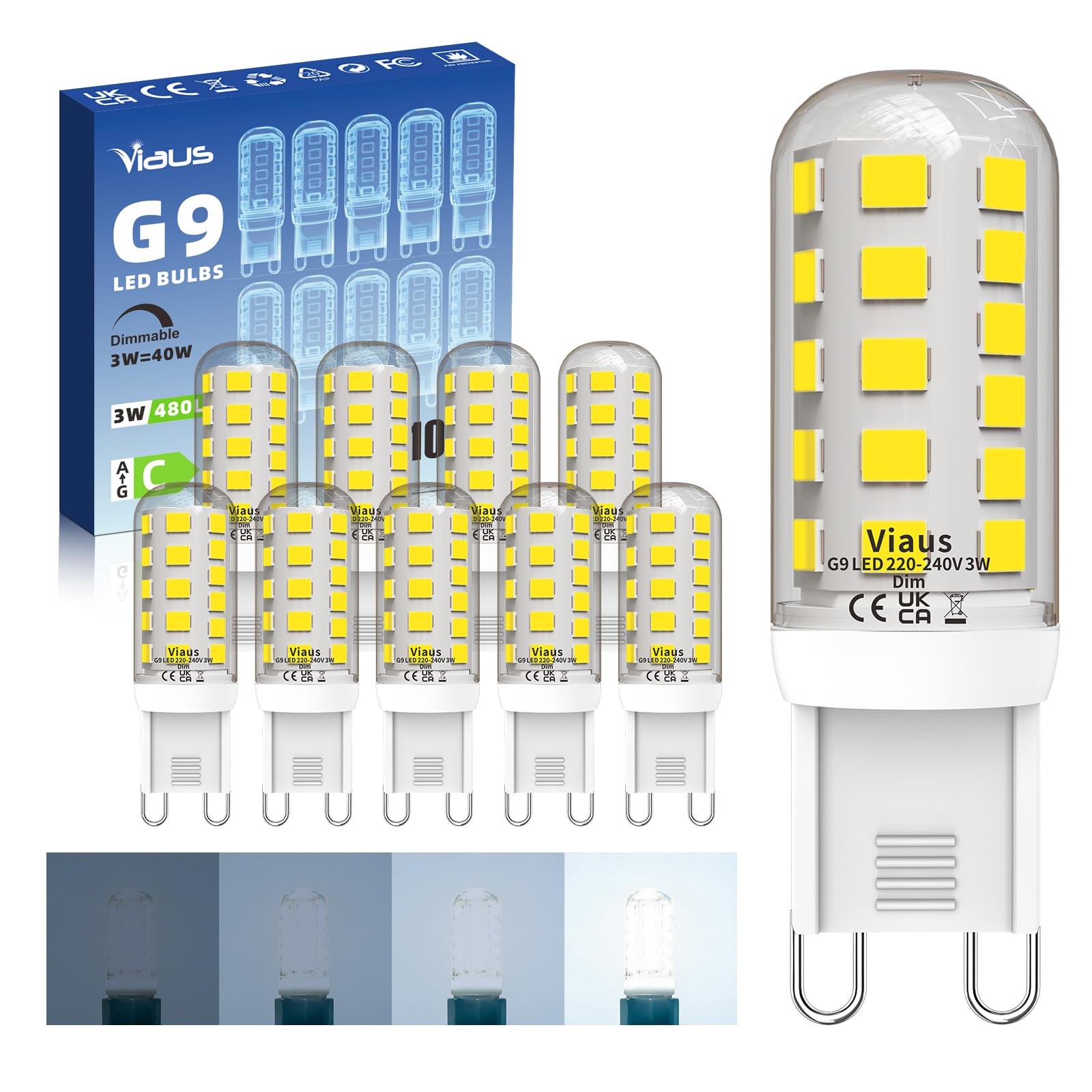 Viaus G9 LED Bulbs Dimmable 3W 6000K Cool White 480LM, 40W Halogen Replacement, Flicker-Free, CRI 80+, Energy Class C, 220–240V, 15.5x51mm, Pack of 10