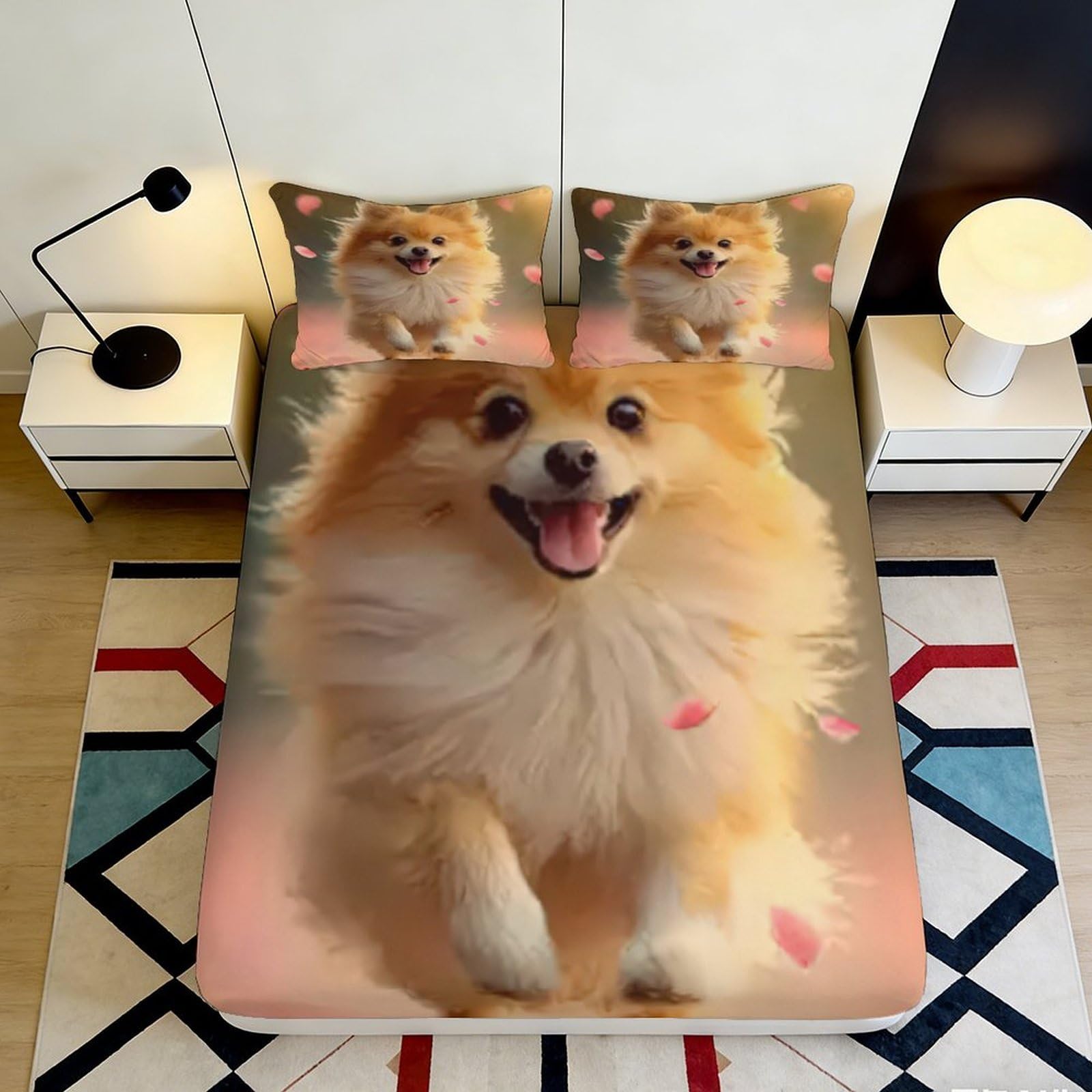 3D Printed Happy Pomeranian Dog Fitted Sheet Microfiber Soft Breathable Smiling Pet Bed Cover for Bedroom Dormitory Guest Room Mattress Protection Decor 200x200x25cm
